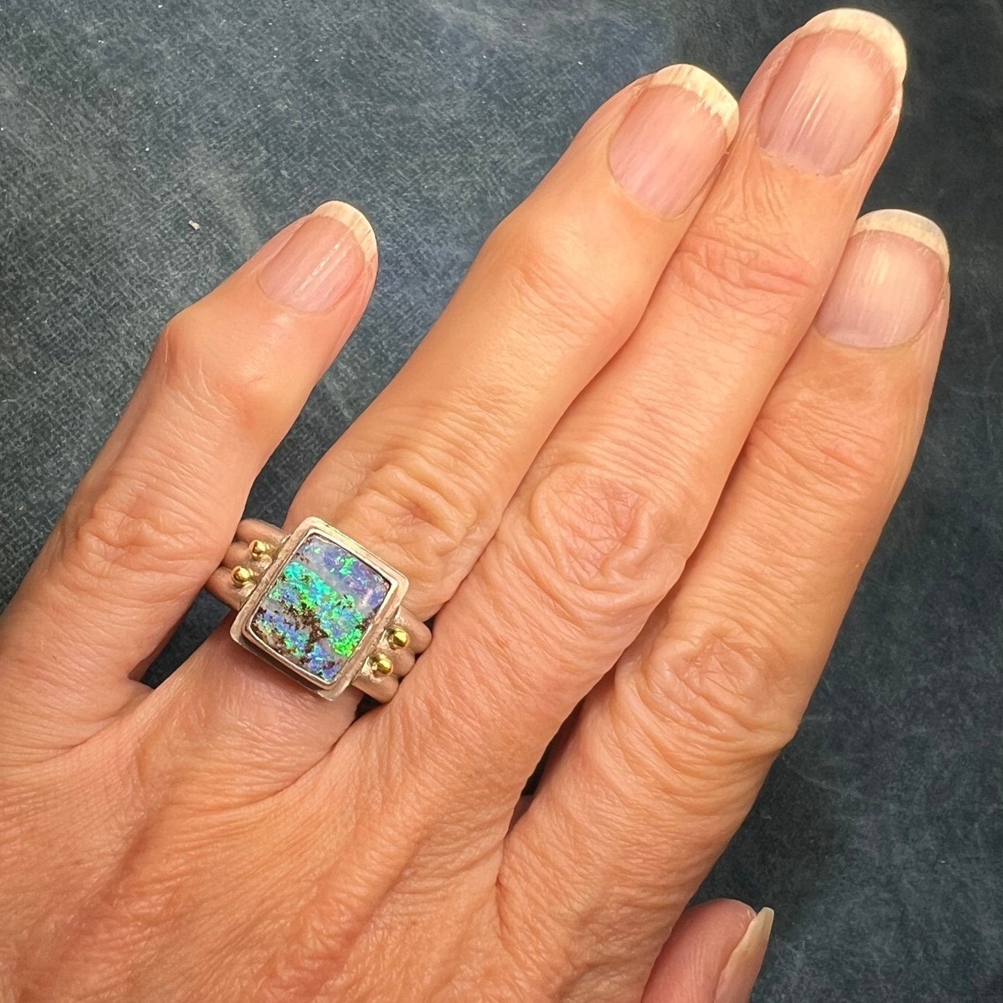 Australian Boulder Opal Ring in 925 w 14k Beads **Video**
