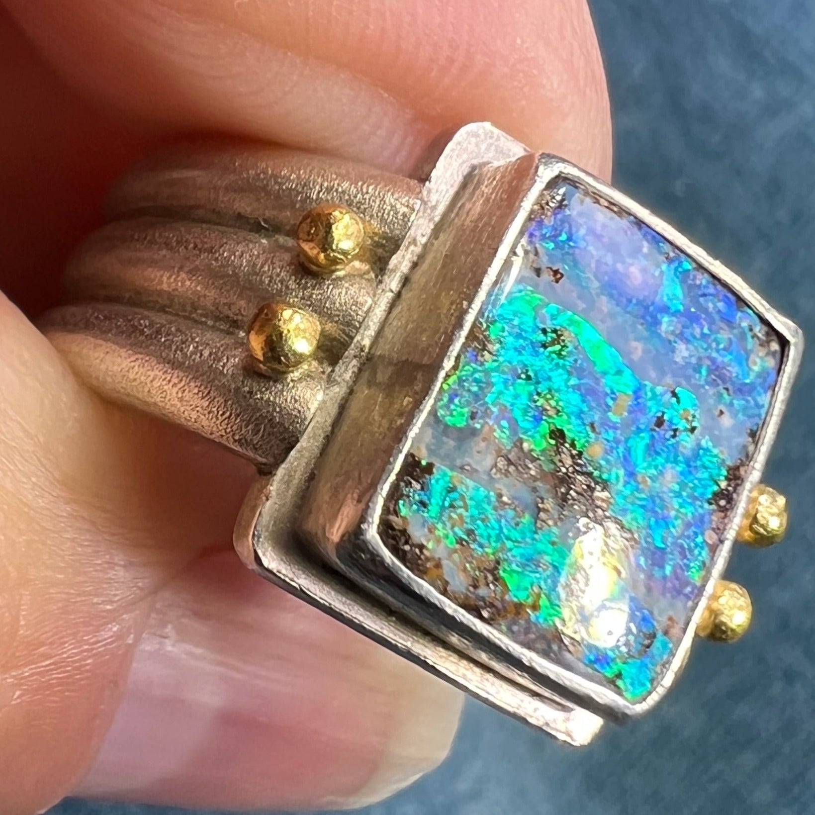 Australian Boulder Opal Ring in 925 w 14k Beads **Video**