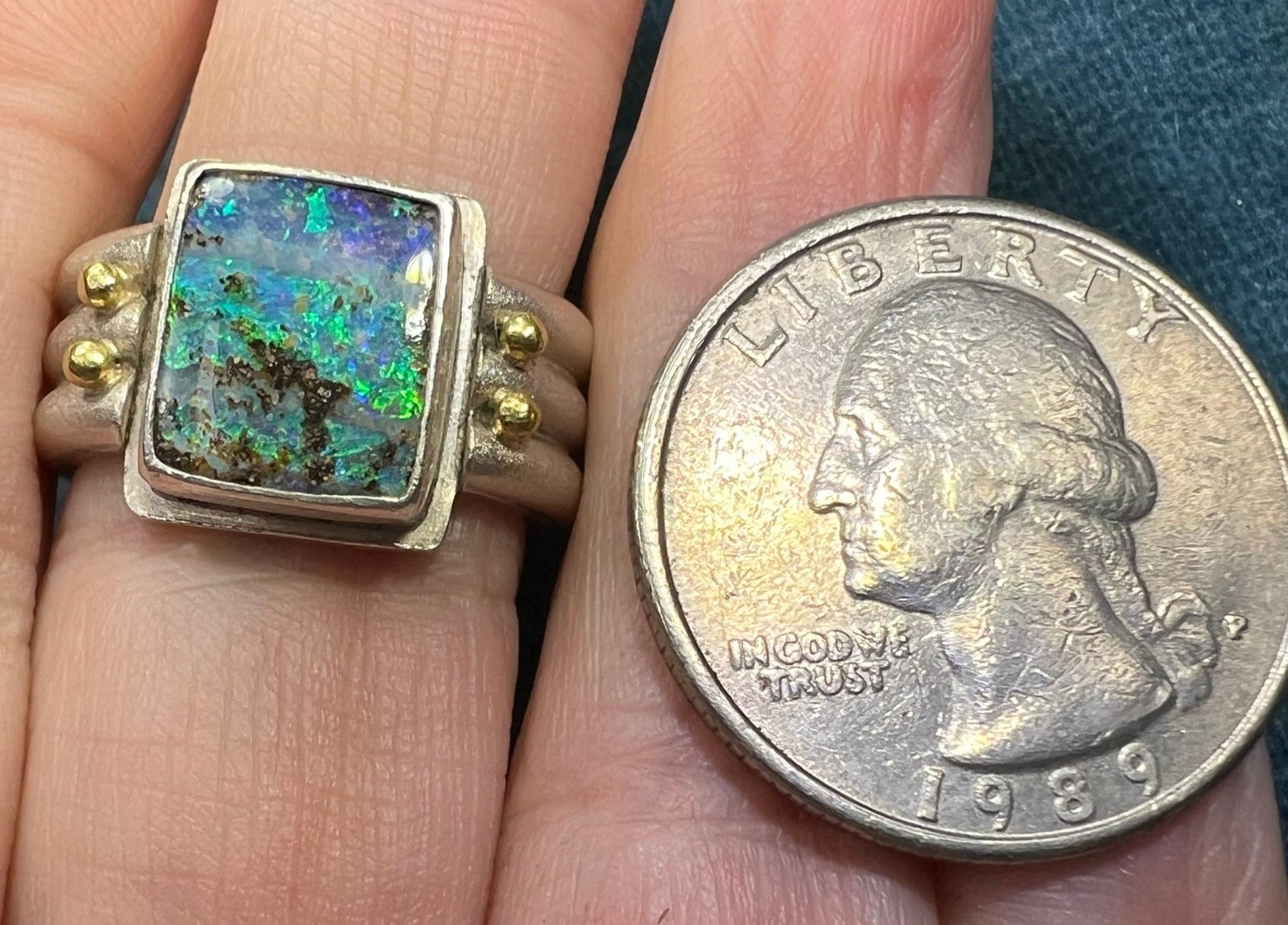 Australian Boulder Opal Ring in 925 w 14k Beads **Video**
