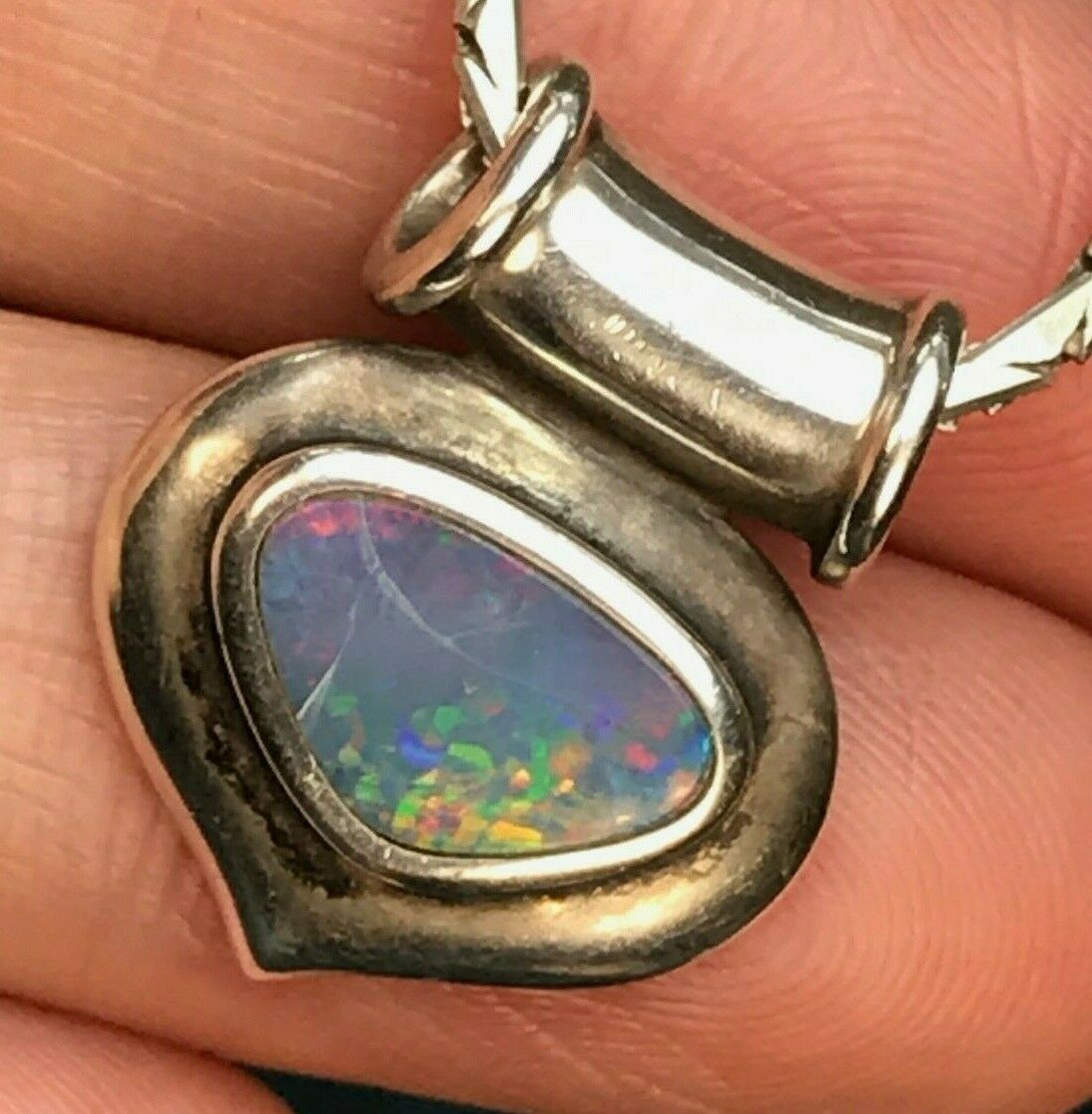 Australian Boulder Opal Slide Pendant w 925 Chain Necklace. Rainbow Color-K3L2J