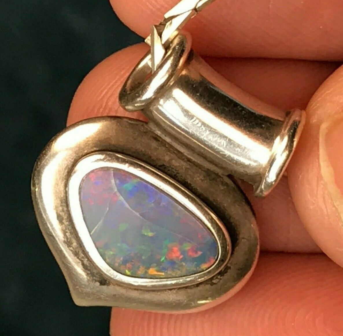 Australian Boulder Opal Slide Pendant w 925 Chain Necklace. Rainbow Color-K3L2J
