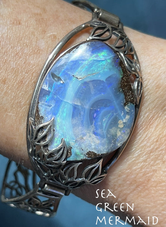 Australian Ocean Blue Boulder Opal 925 Bracelet. 28g **VIDEO**