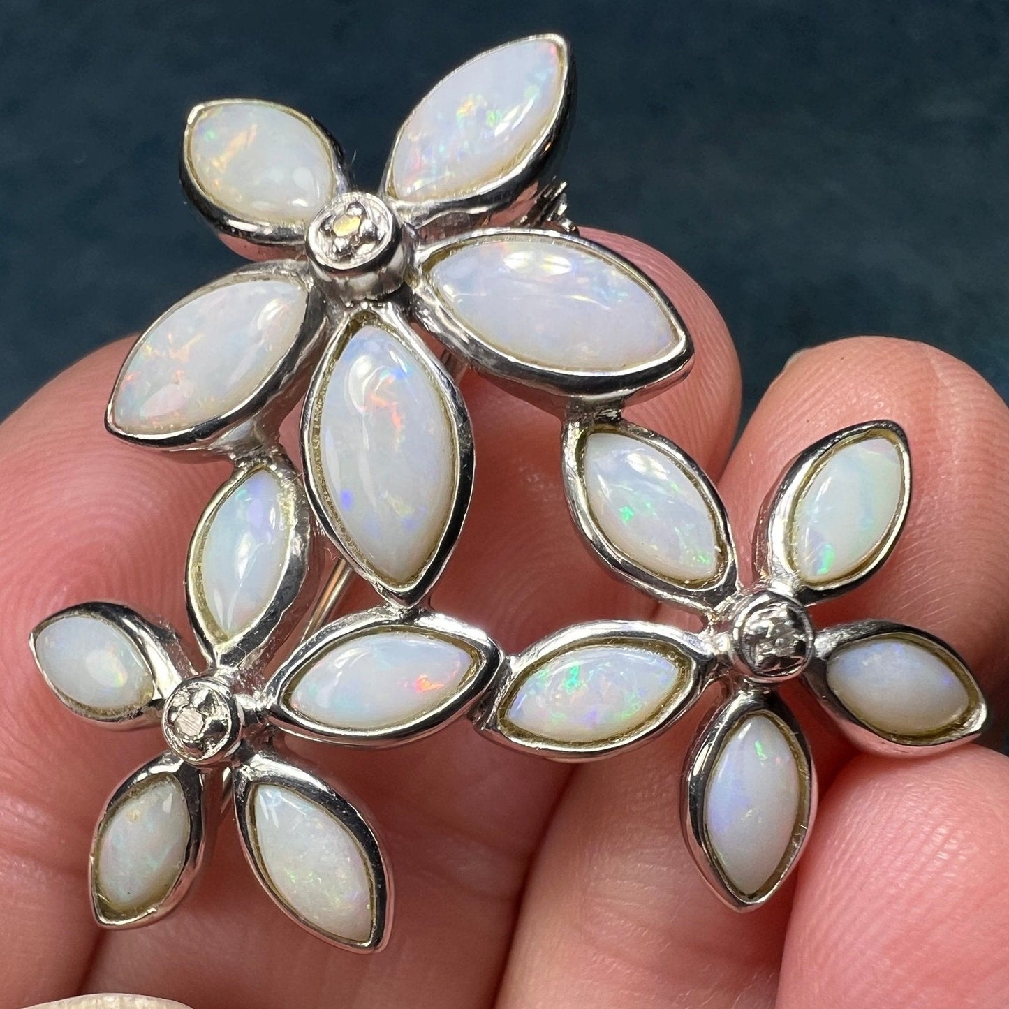 Australian Opal Flowers Silver Pendant w Diamonds *VIDEO*