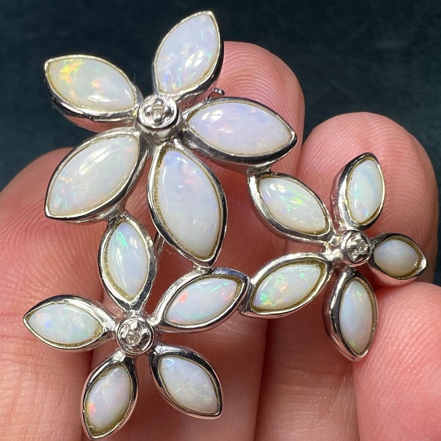 Australian Opal Flowers Silver Pendant w Diamonds *VIDEO*