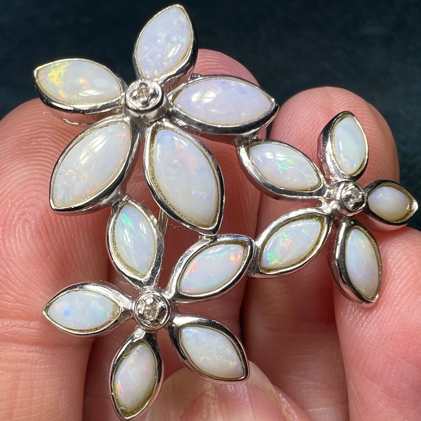 Australian Opal Flowers Silver Pendant w Diamonds *VIDEO*
