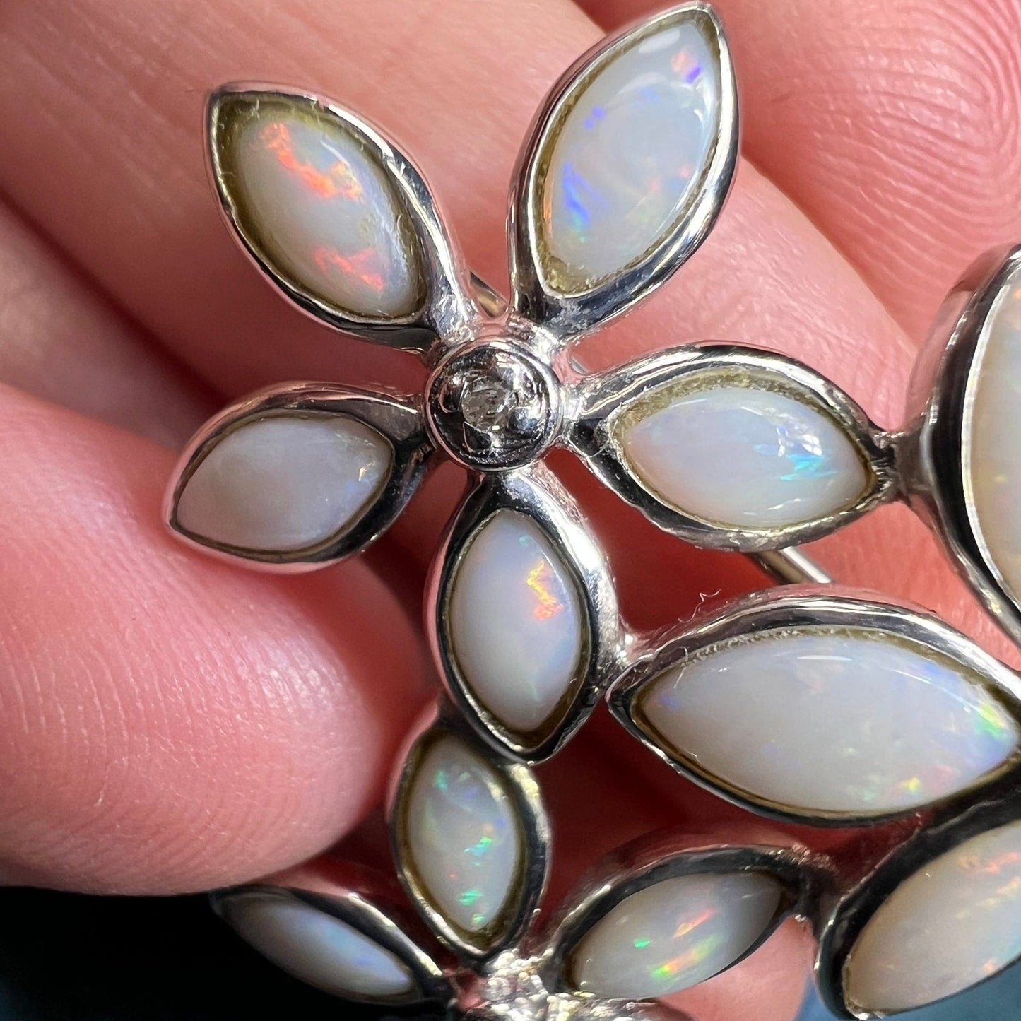 Australian Opal Flowers Silver Pendant w Diamonds *VIDEO*
