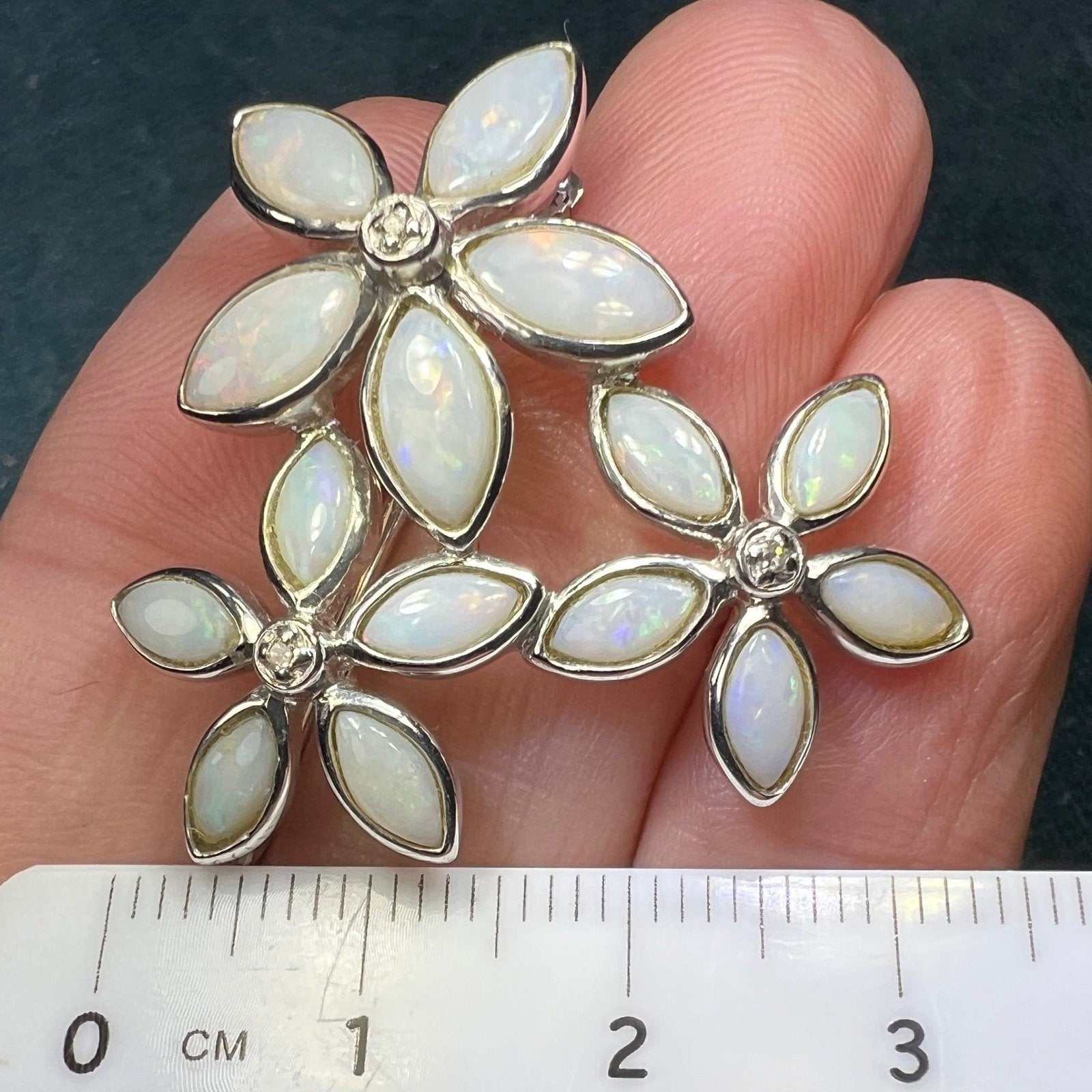 Australian Opal Flowers Silver Pendant w Diamonds *VIDEO*