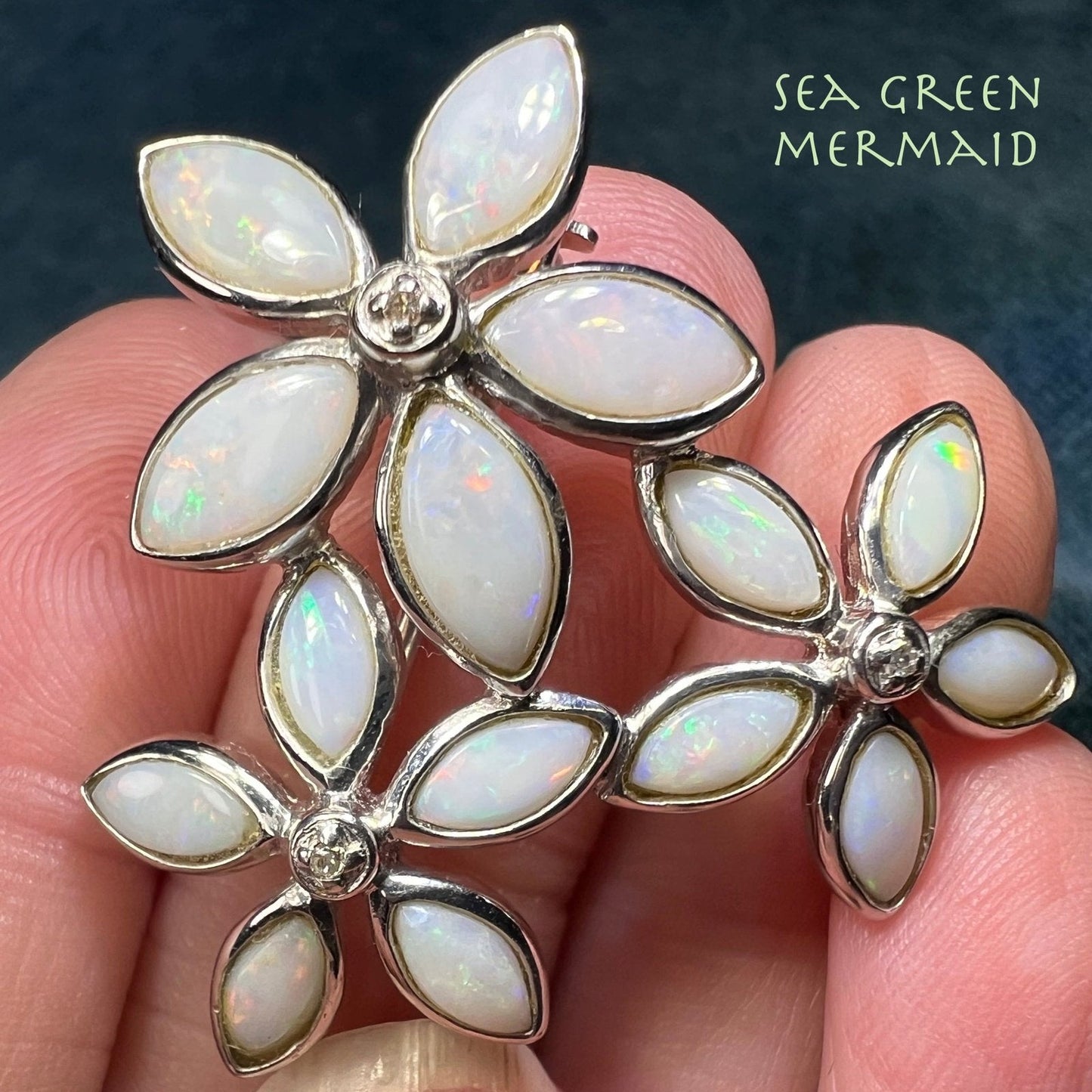 Australian Opal Flowers Silver Pendant w Diamonds *VIDEO*