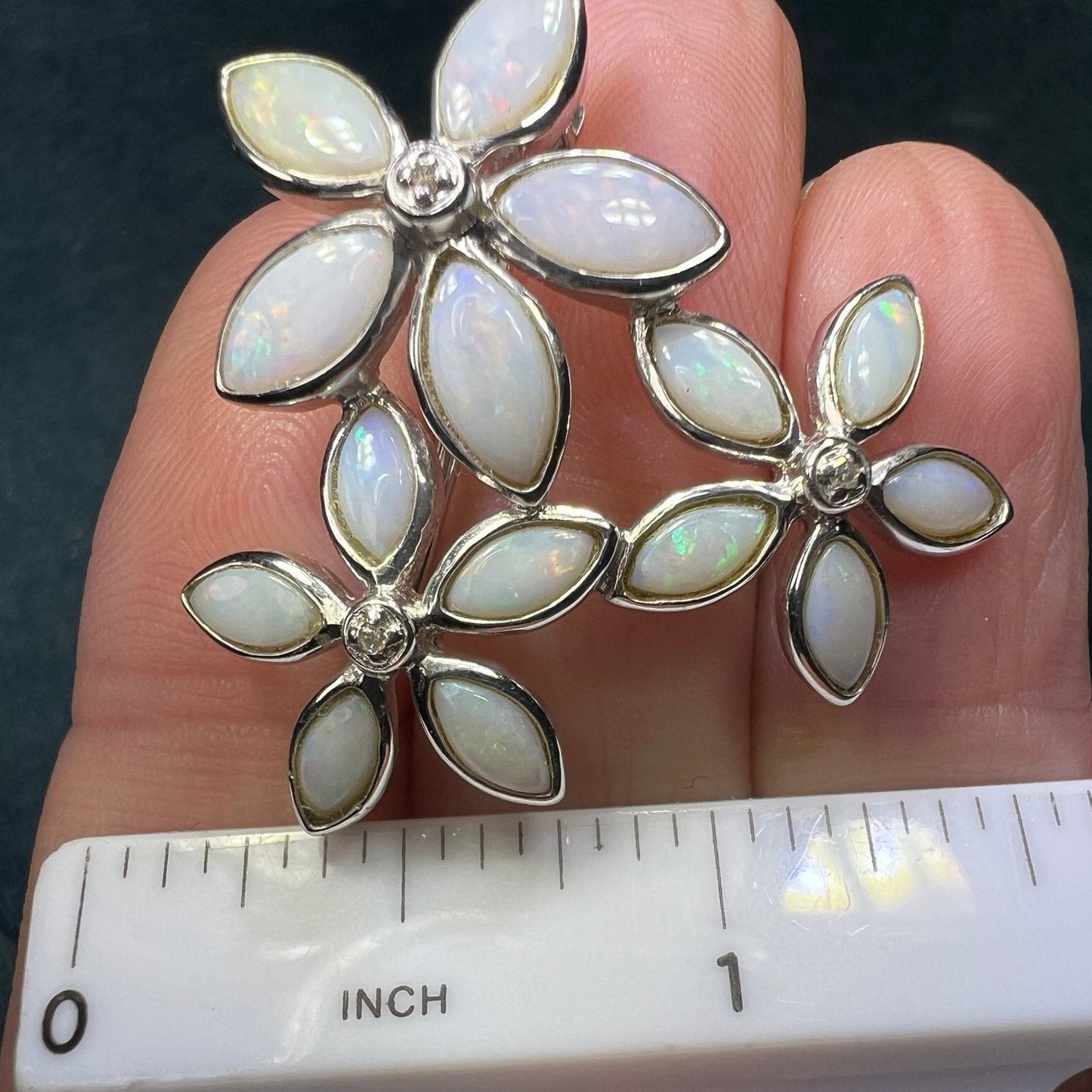Australian Opal Flowers Silver Pendant w Diamonds *VIDEO*