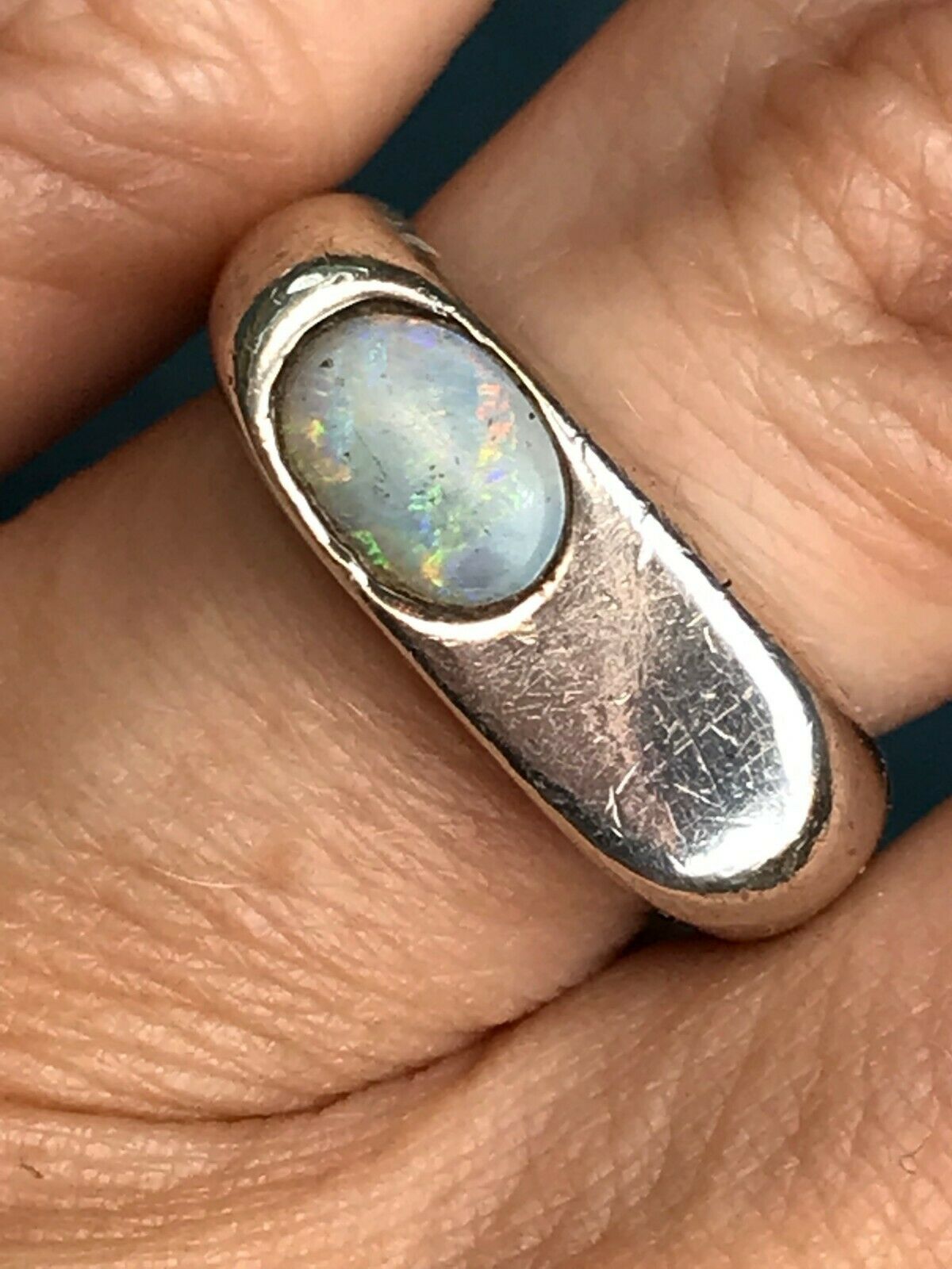 Australian Opal Signet Ring in Bold Silver Setting. Bezel Set. Heavy Sea Green Mermaid