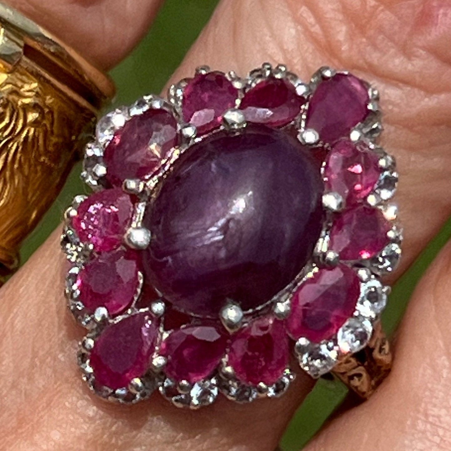 Burmese Star Ruby Ring w Ruby Halo in Sterling Silver *Video*