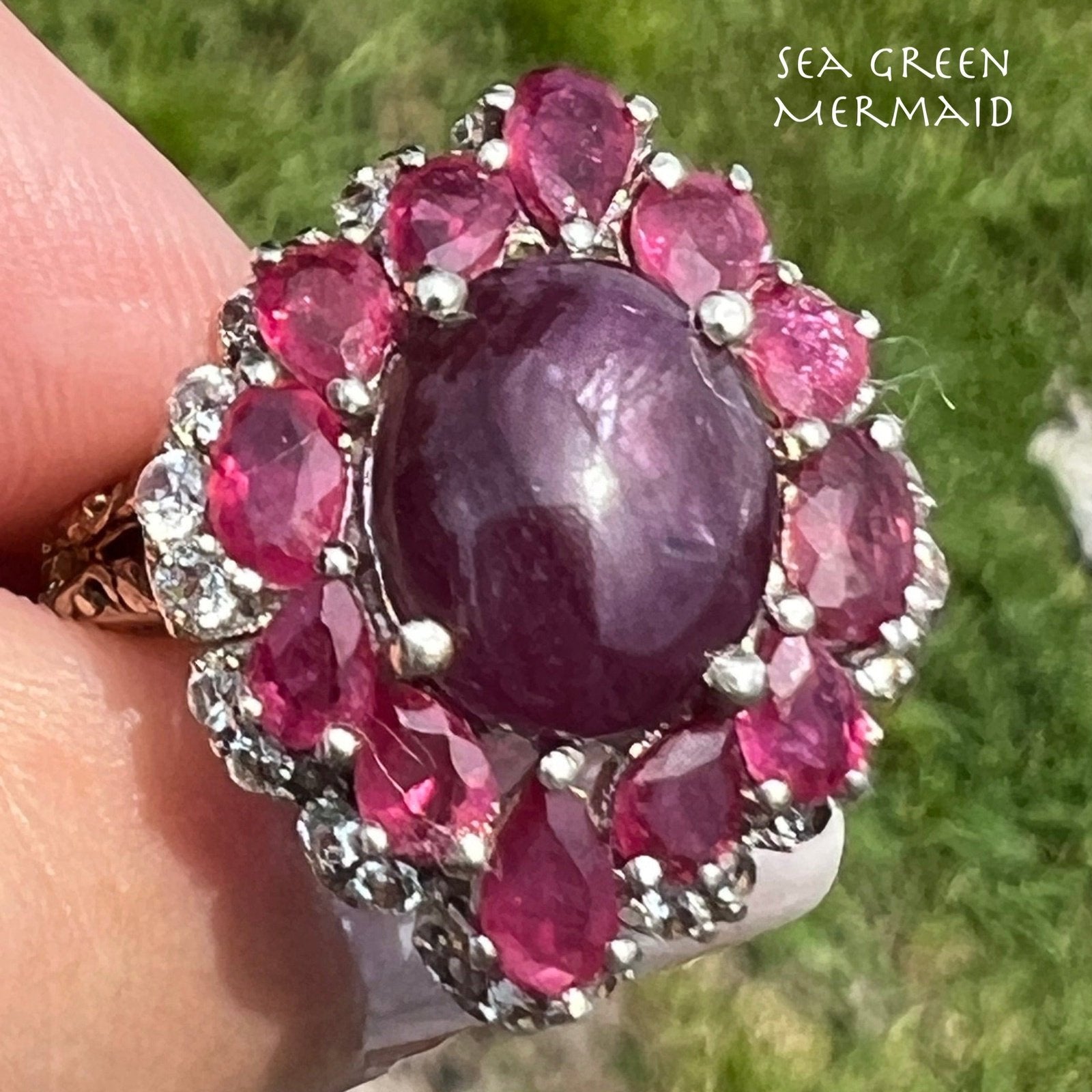 Burmese Star Ruby Ring w Ruby Halo in Sterling Silver *Video*