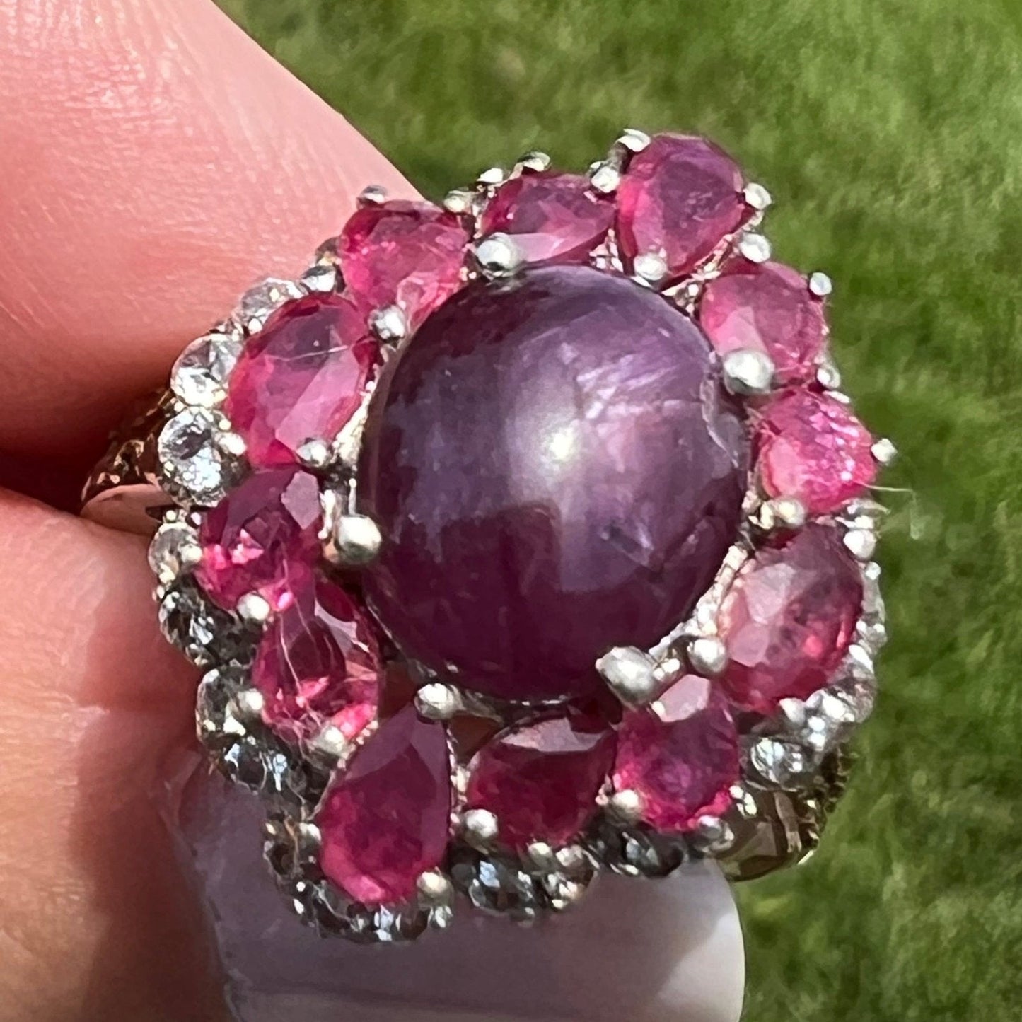 Burmese Star Ruby Ring w Ruby Halo in Sterling Silver *Video*