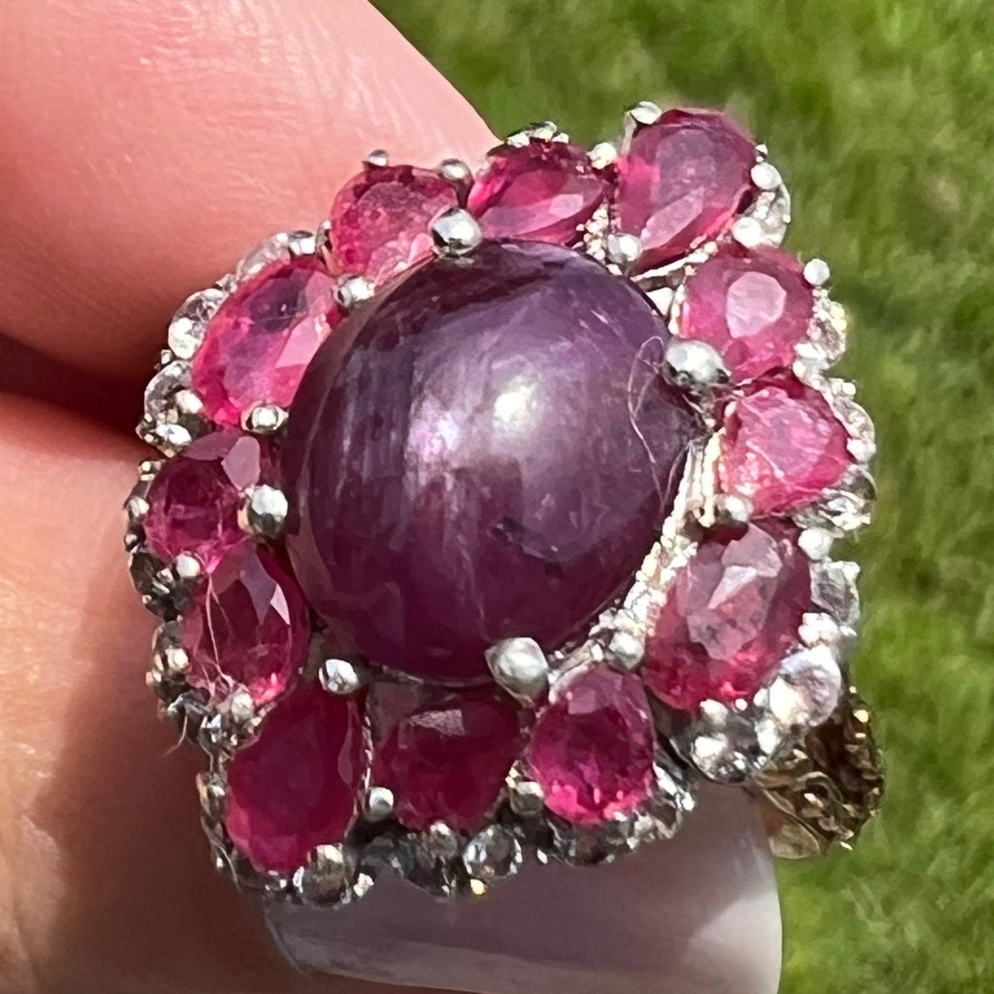 Burmese Star Ruby Ring w Ruby Halo in Sterling Silver *Video*