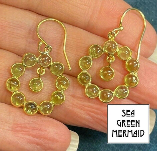 Cabochon Lime Green Peridot Circle Earrings in Gold-Tone 925. 1.5" _b60_10_20
