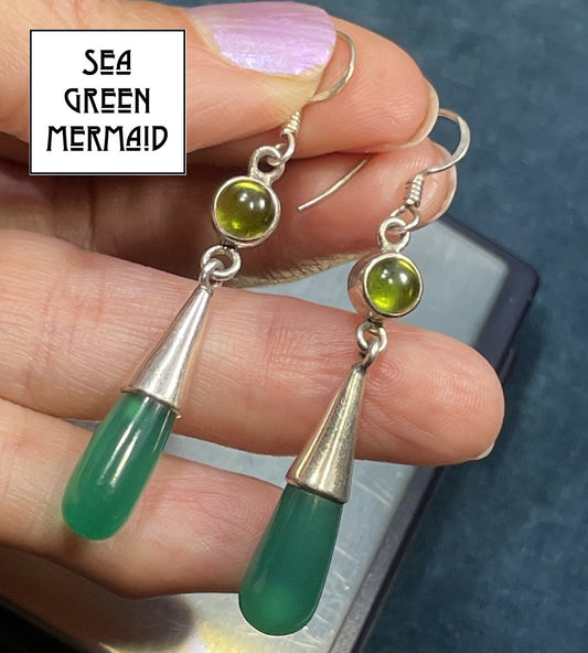 Cabochon Peridot & Chrysoprase Baton 2" Dangly 925 Earrings