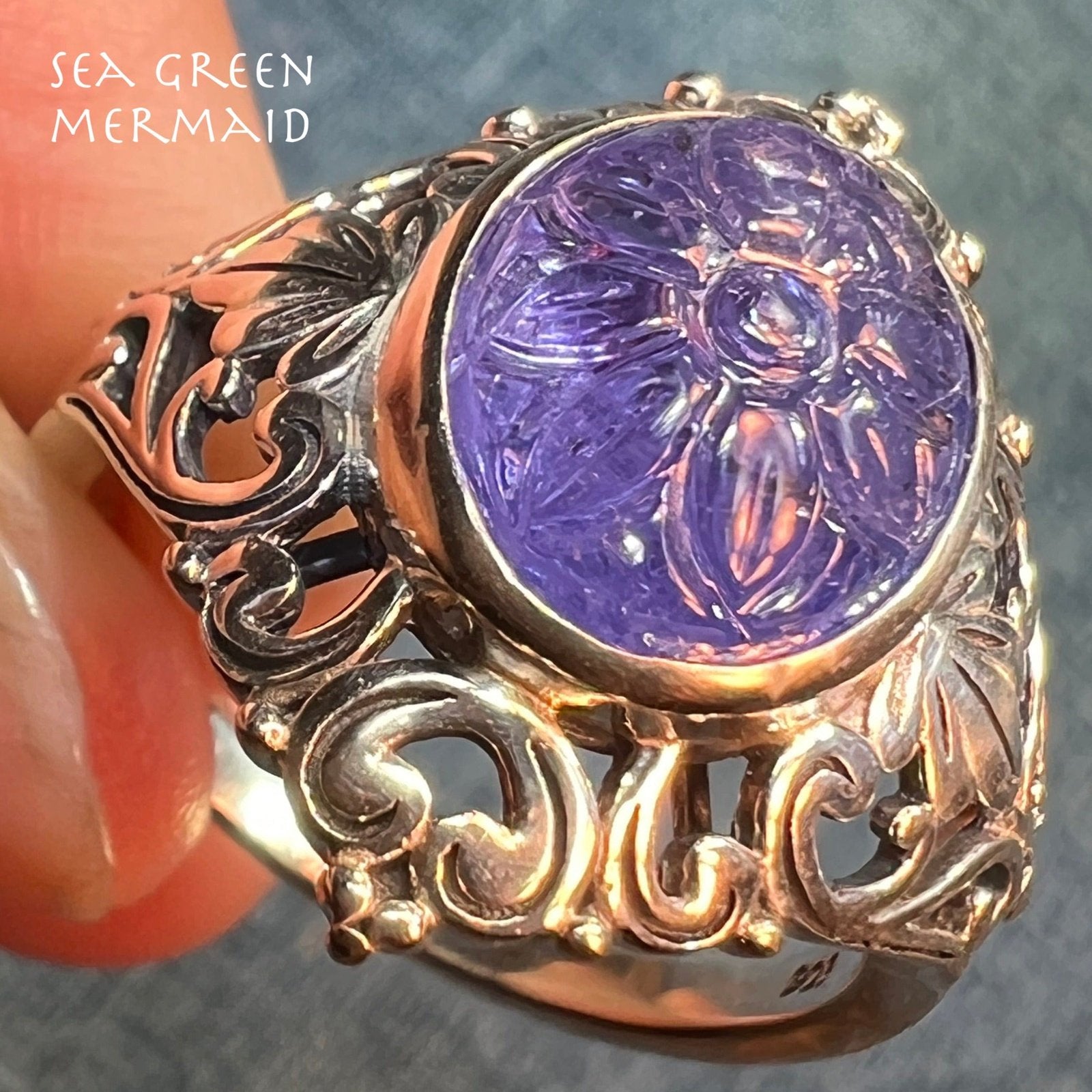 Carved Flower Cabochon 6 Ct Tanzanite Ring in Sterling *Video*