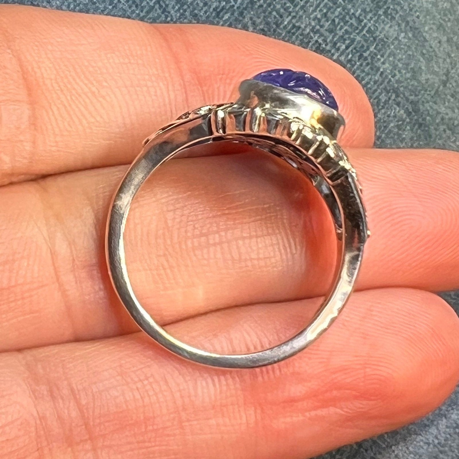 Carved Flower Cabochon 6 Ct Tanzanite Ring in Sterling *Video*