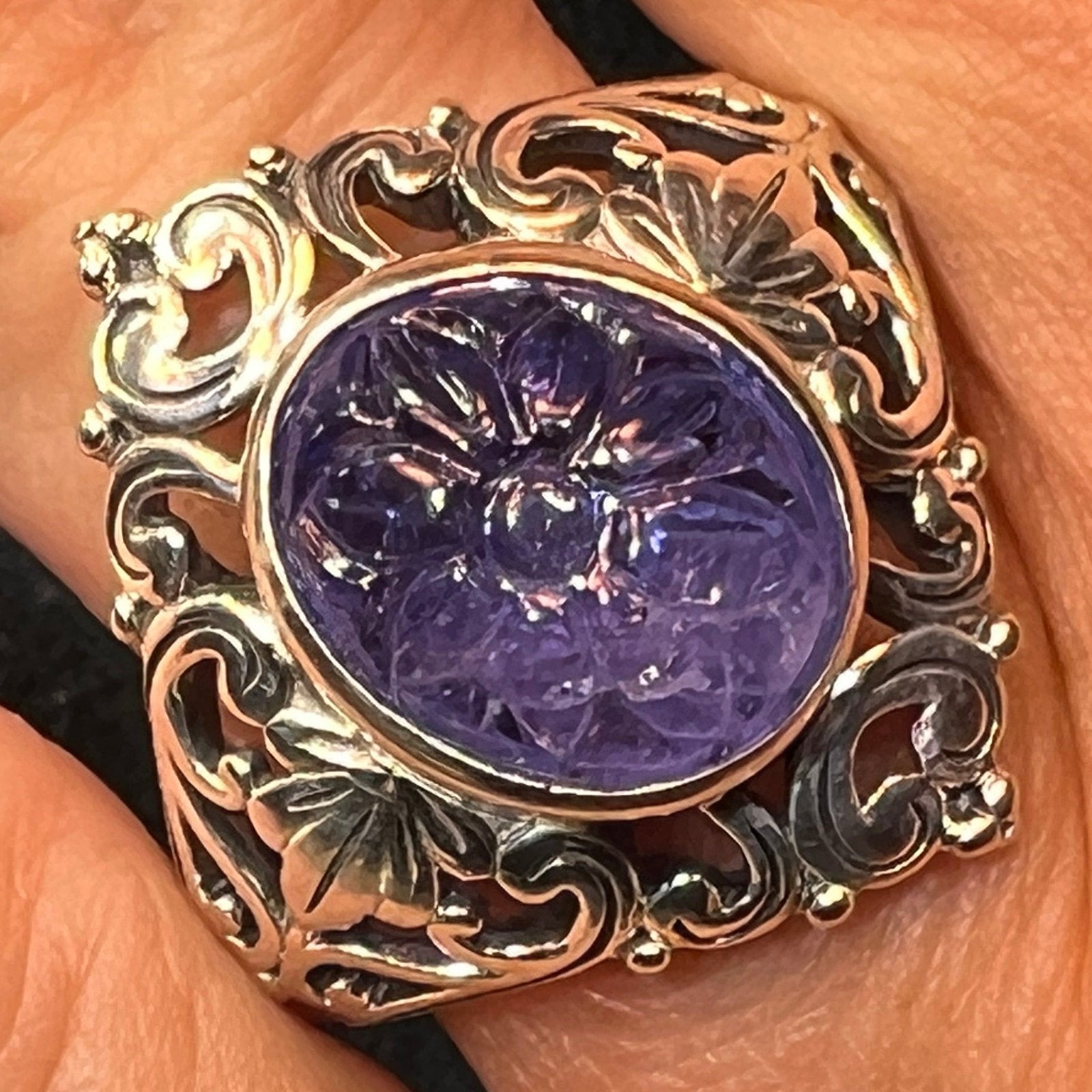 Carved Flower Cabochon 6 Ct Tanzanite Ring in Sterling *Video*