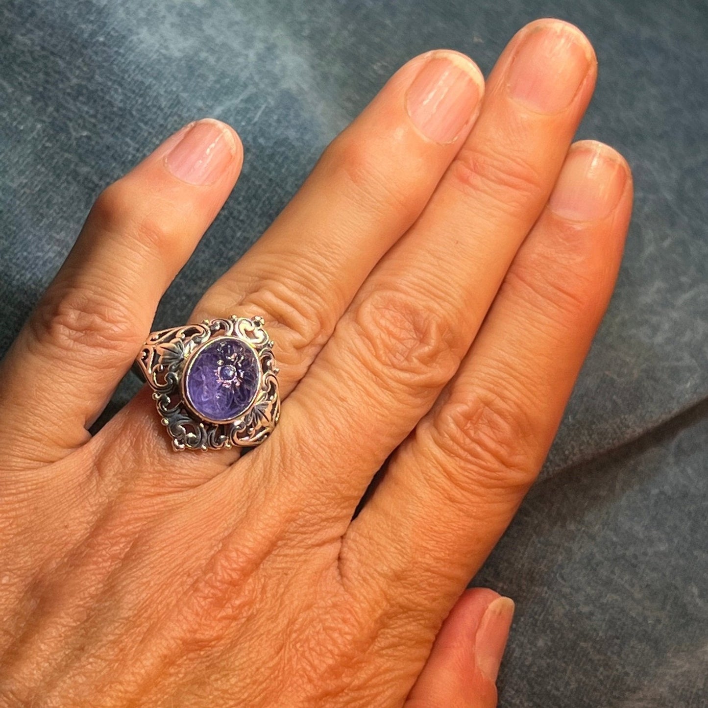 Carved Flower Cabochon 6 Ct Tanzanite Ring in Sterling *Video*