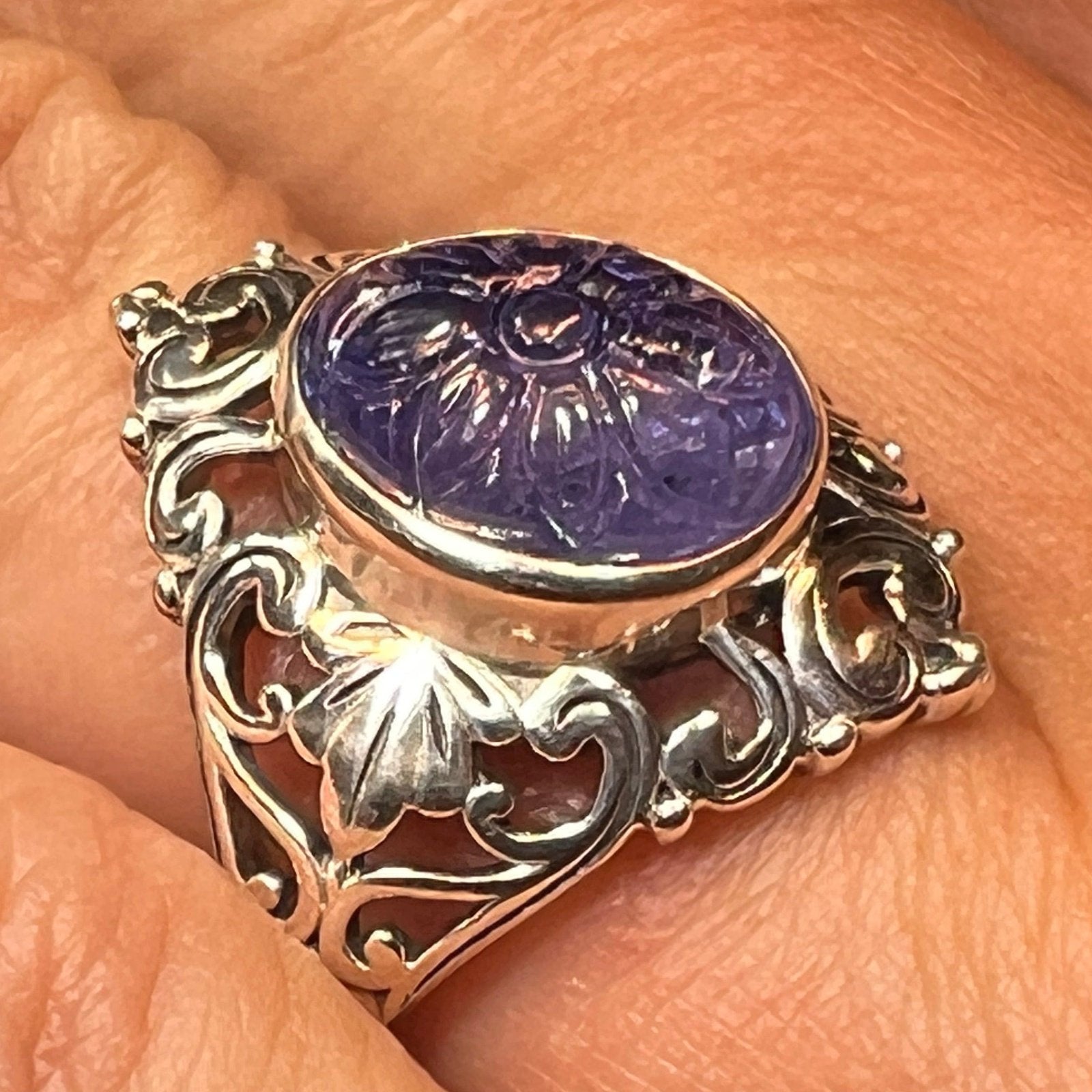 Carved Flower Cabochon 6 Ct Tanzanite Ring in Sterling *Video*