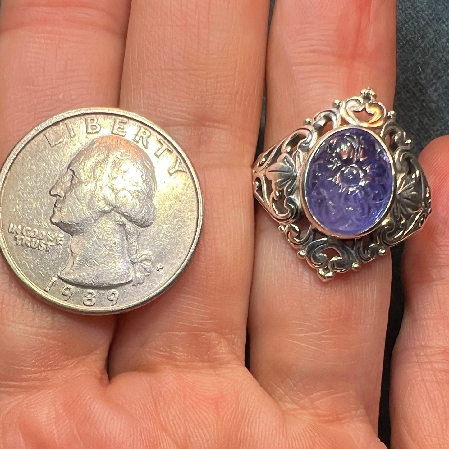 Carved Flower Cabochon 6 Ct Tanzanite Ring in Sterling *Video*