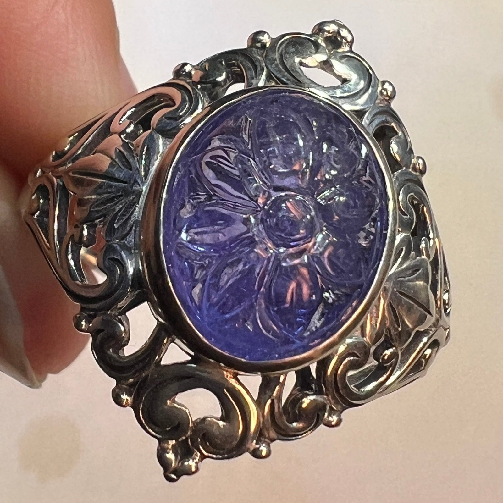 Carved Flower Cabochon 6 Ct Tanzanite Ring in Sterling *Video*