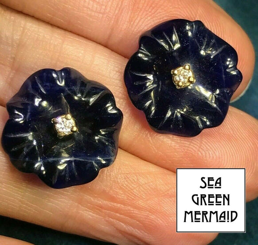 Carved Hibiscus Flower Blue Lapis Lazuli Earring Jacket Enhancers_b50_18