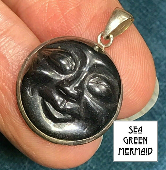 Carved "Man the Moon" Face Onyx Pendant in Sterling Silver-ts3_6_20