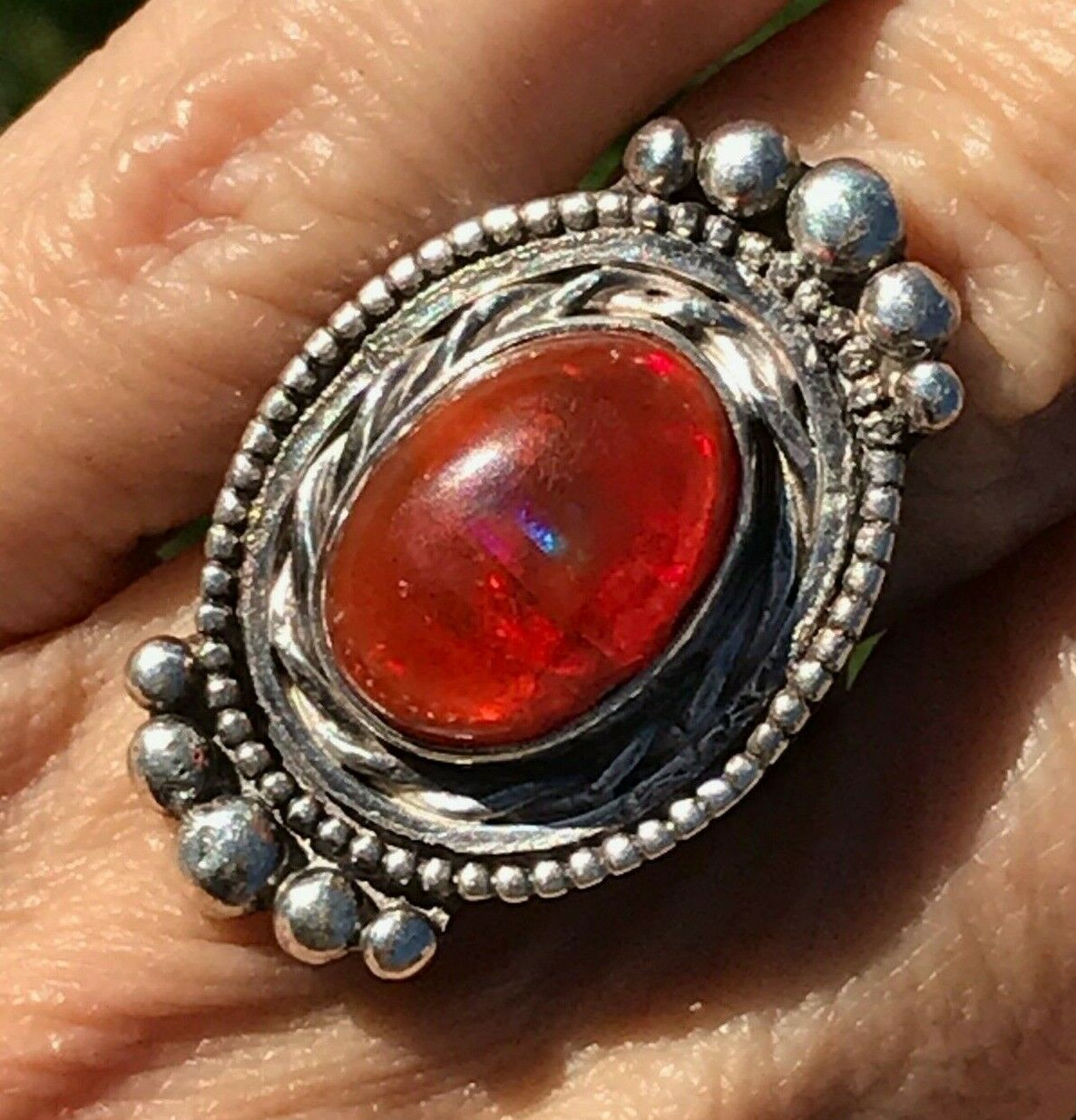 Cherry Red Mexican Fire Opal Ring in Silver. Old Pawn Squashblossom Sea Green Mermaid