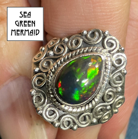 Ethiopian Black Opal "Dragons Egg" 3 Ct Teardrop Ring in Bali Silver **VIDEO**