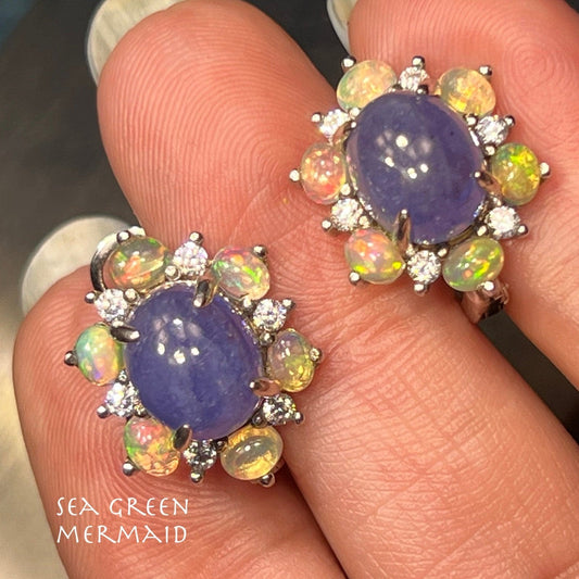 Ethiopian Jelly Opal + Tanzanite Cabochon 925 leverback Earrings. 2/3"