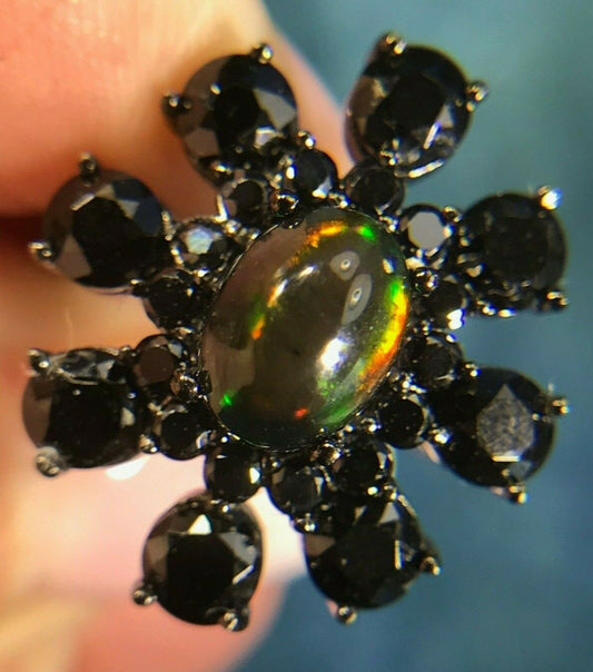 Ethiopian Opal Ring w Black Jet. Goth Sun/Star Design. Large 1" & 5g