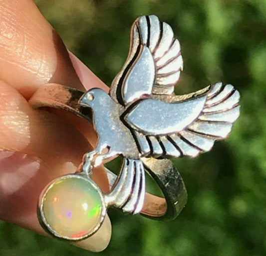 Ethiopian Welo Opal Peace Dove Ring in 925. **VIDEO**
