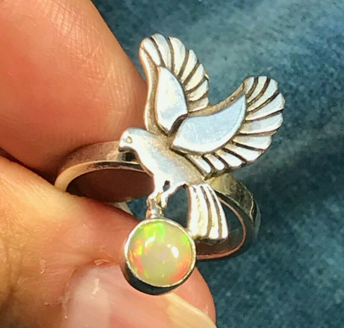 Ethiopian Welo Opal Peace Dove Ring in 925. **VIDEO**