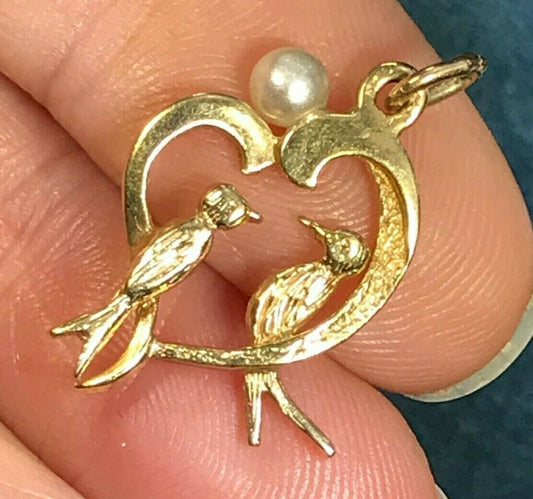 MERMAID 14k Yellow Gold LOVEBIRD Swallows in Heart Pendant w Pearl-b99_10_20