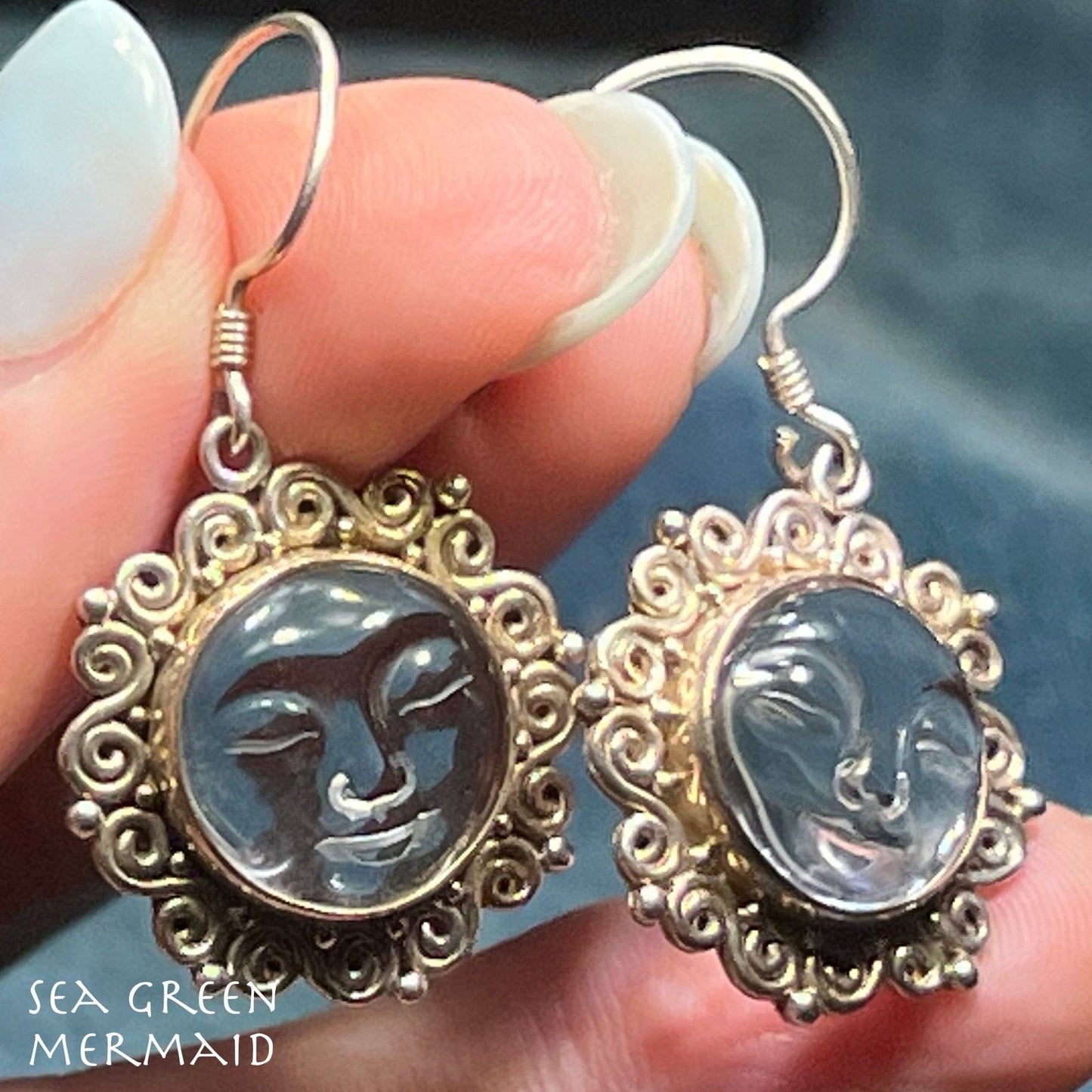 Man in the Moon Carved Face Dangly Sun Goddess Earrings 925