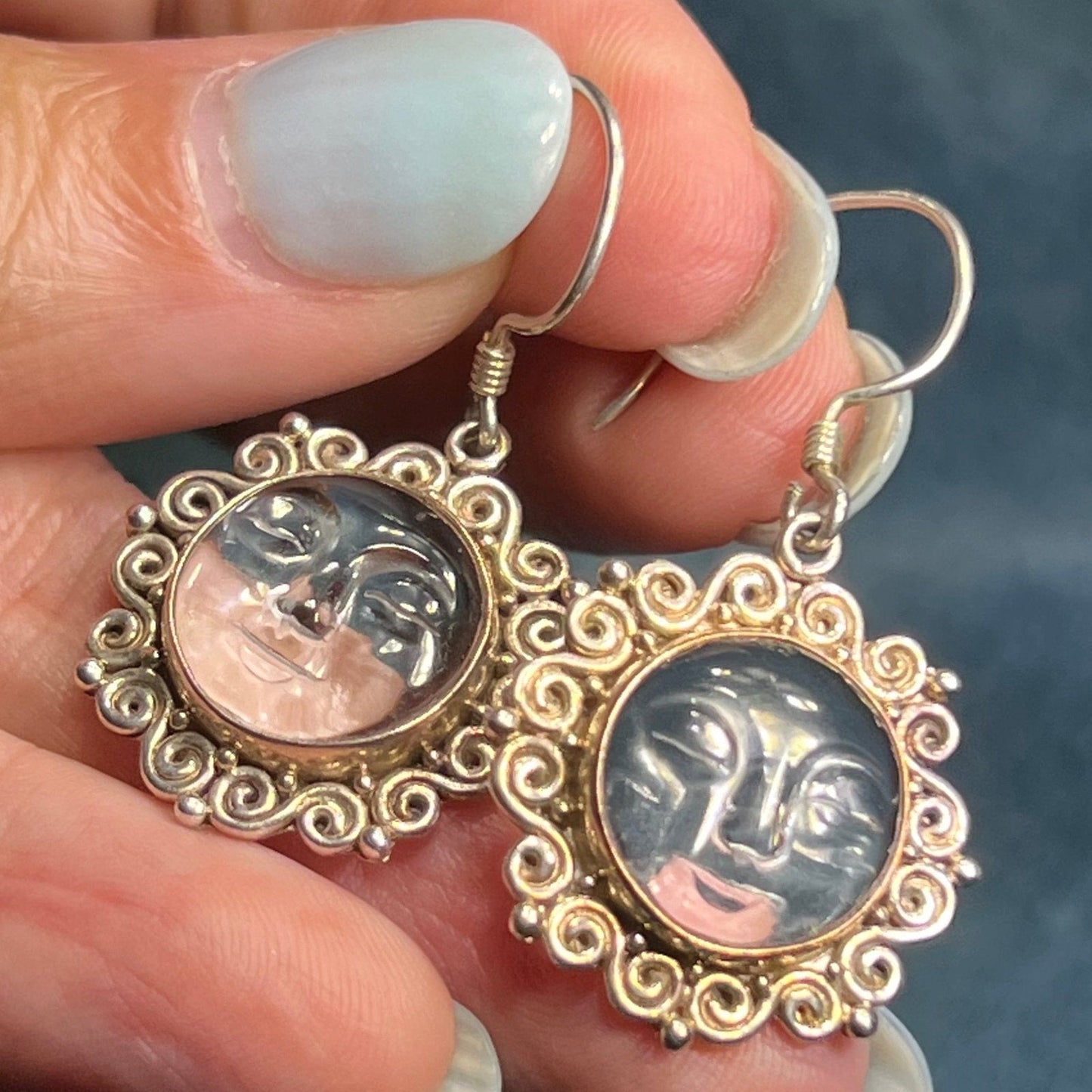 Man in the Moon Carved Face Dangly Sun Goddess Earrings 925