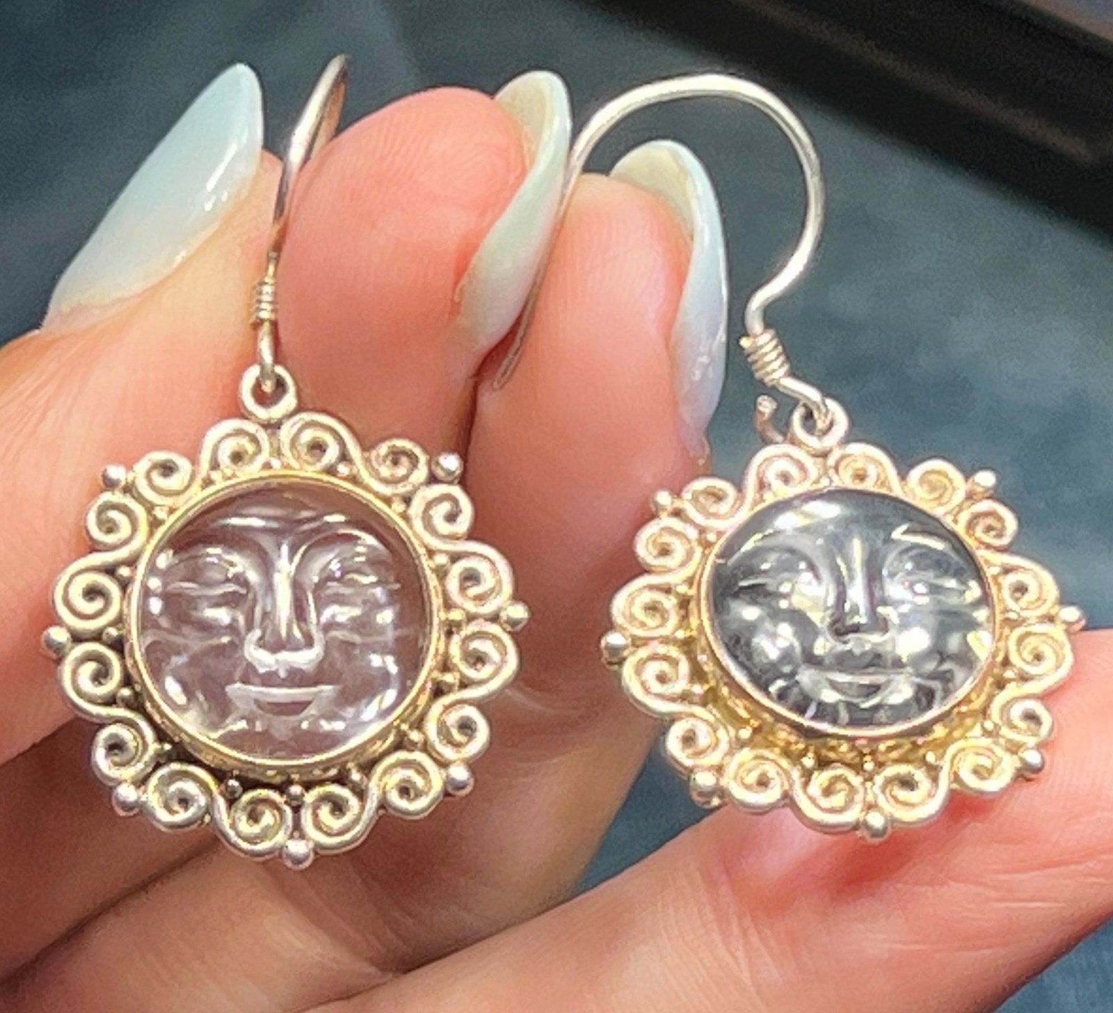 Man in the Moon Carved Face Dangly Sun Goddess Earrings 925