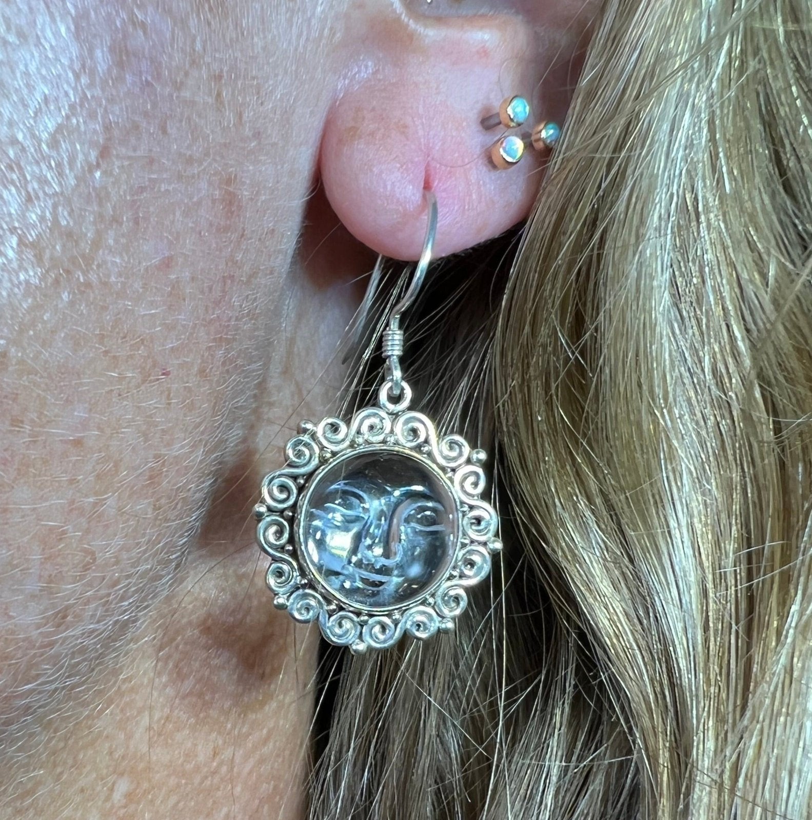 Man in the Moon Carved Face Dangly Sun Goddess Earrings 925