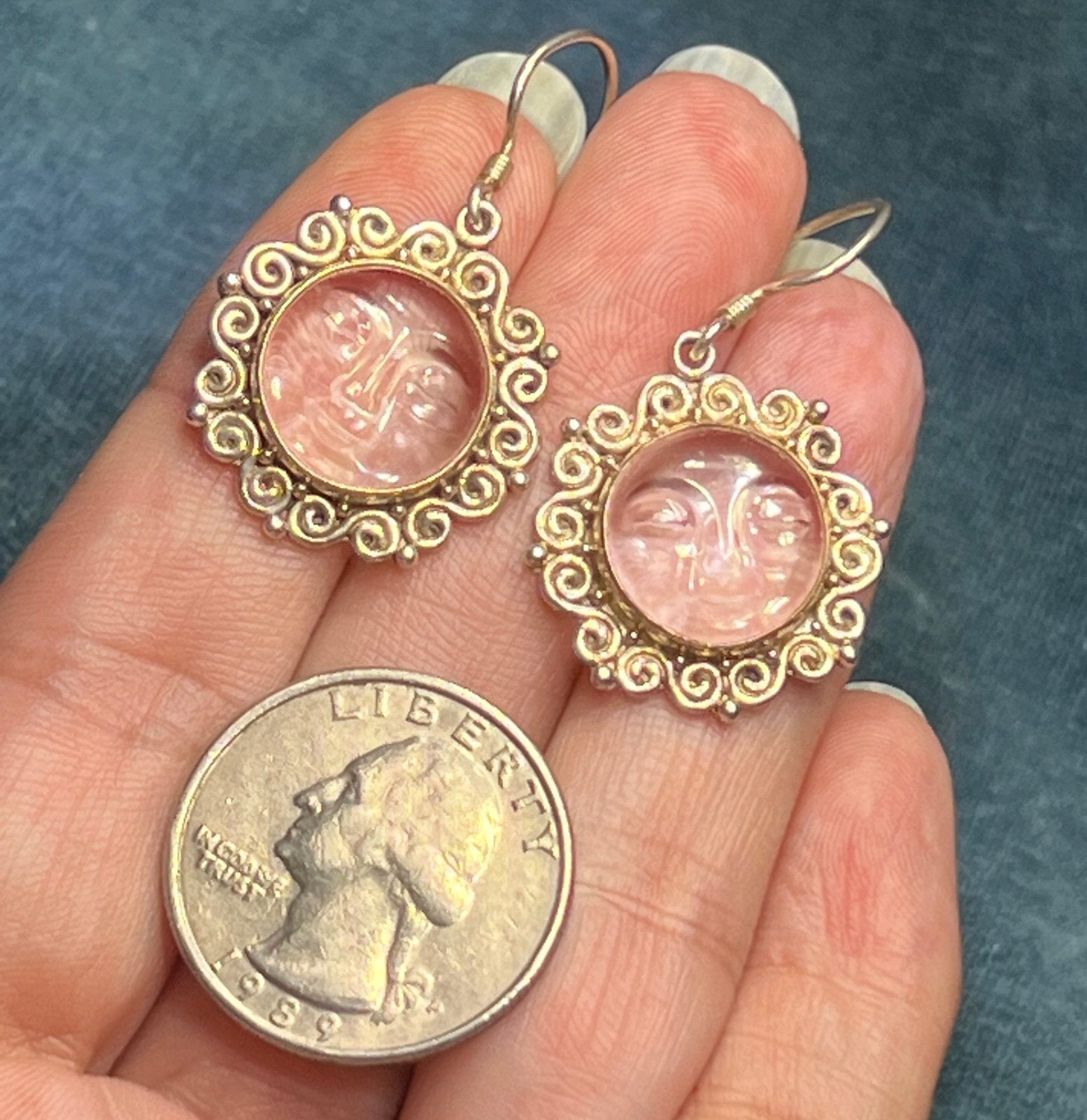 Man in the Moon Carved Face Dangly Sun Goddess Earrings 925