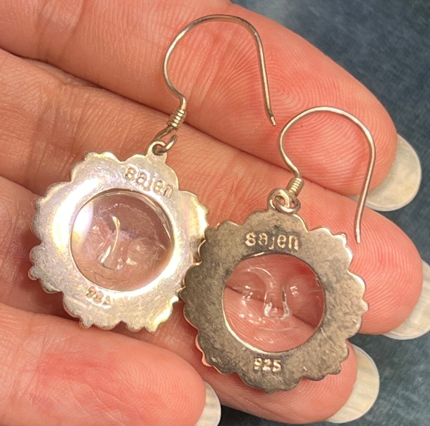 Man in the Moon Carved Face Dangly Sun Goddess Earrings 925