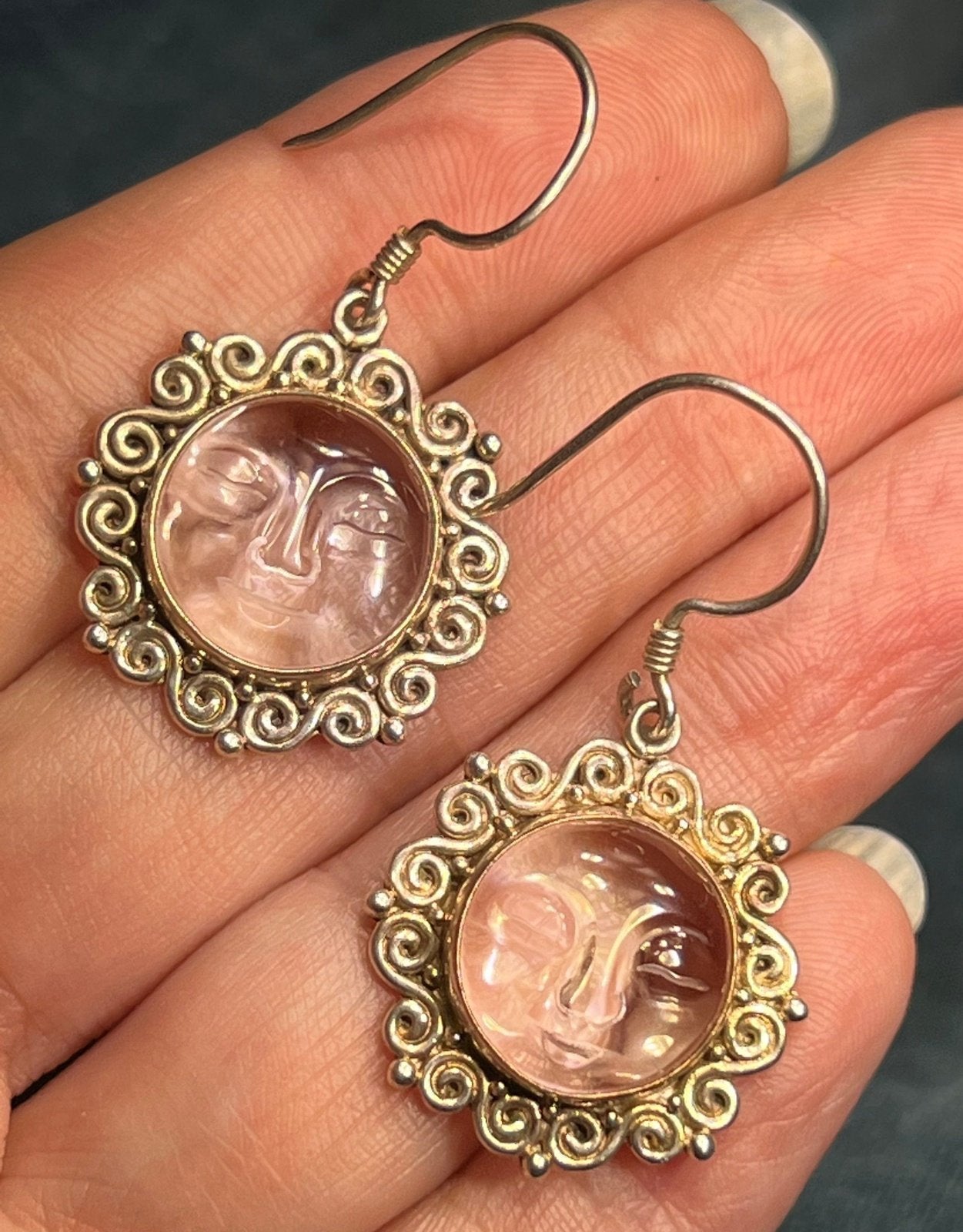 Man in the Moon Carved Face Dangly Sun Goddess Earrings 925