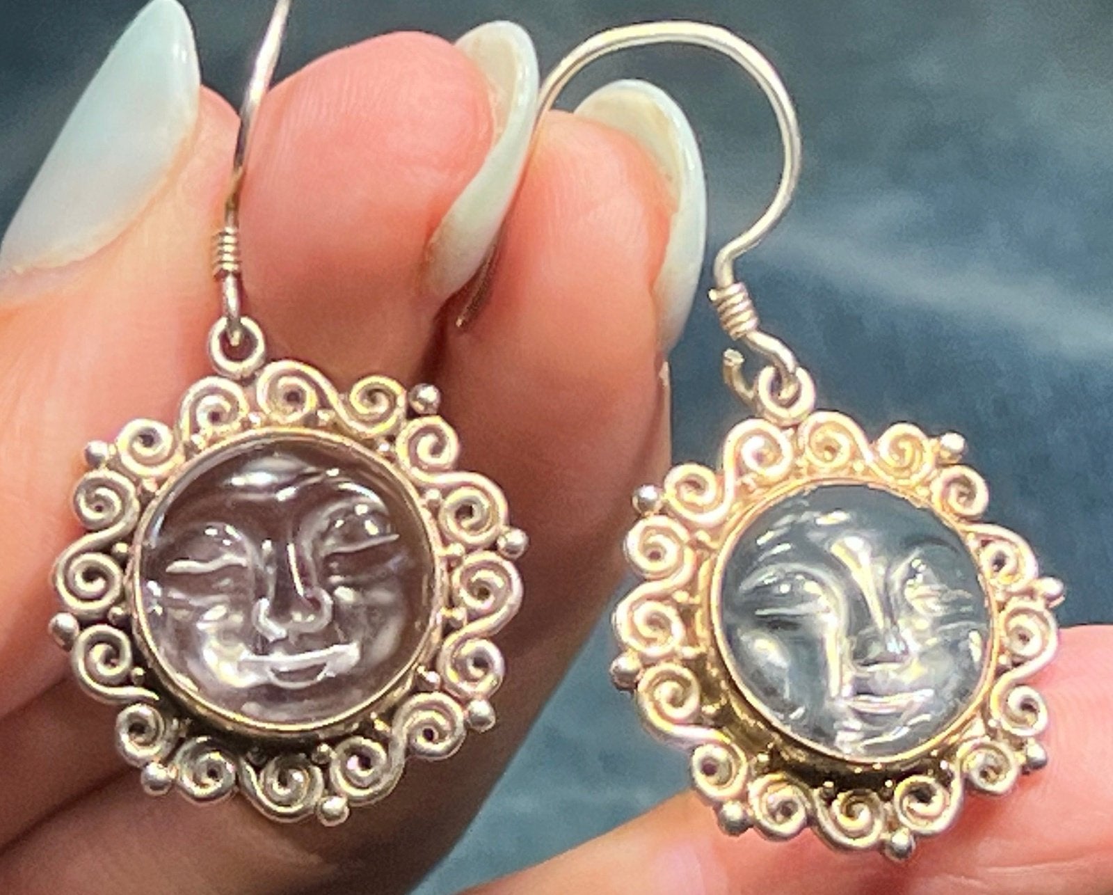 Man in the Moon Carved Face Dangly Sun Goddess Earrings 925