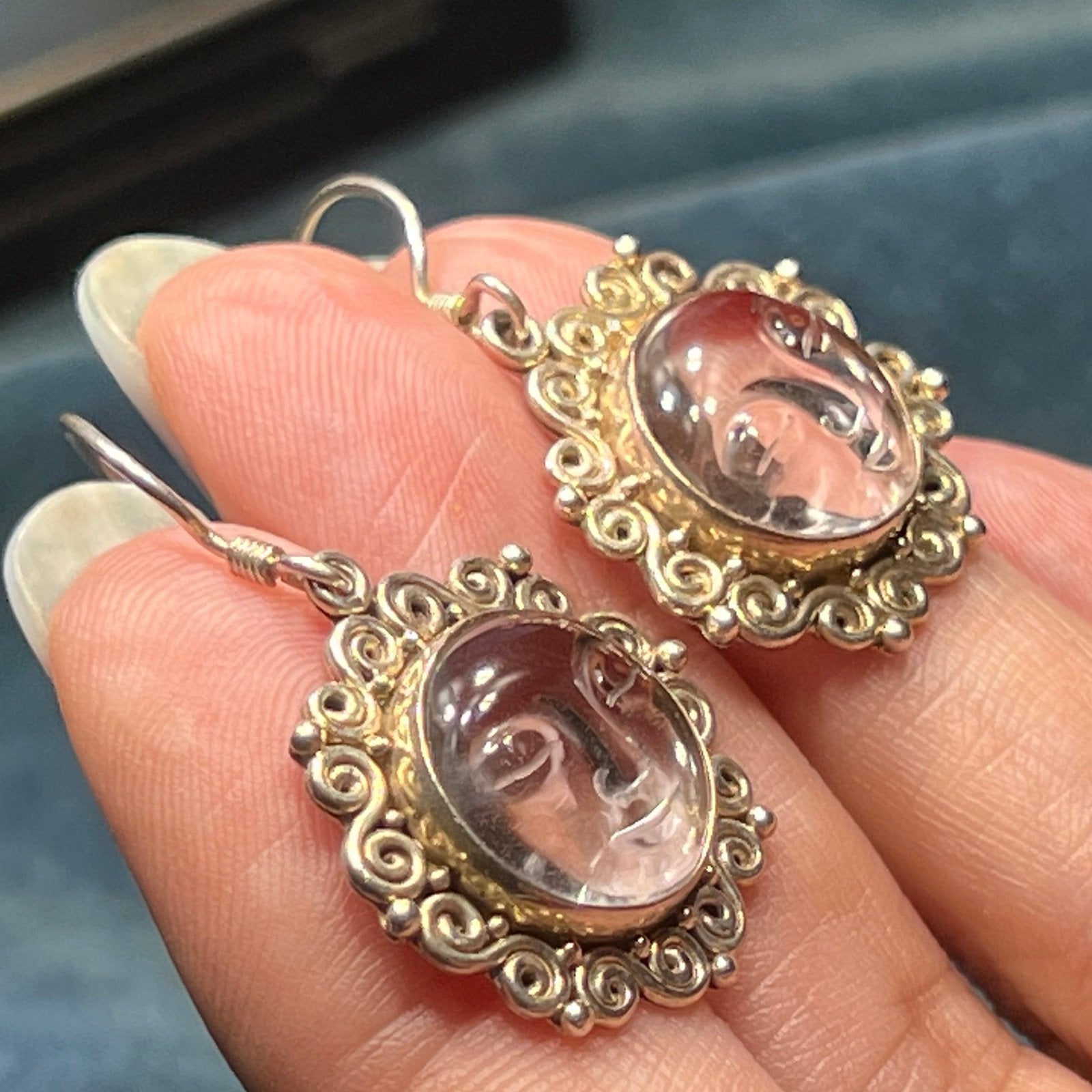 Man in the Moon Carved Face Dangly Sun Goddess Earrings 925