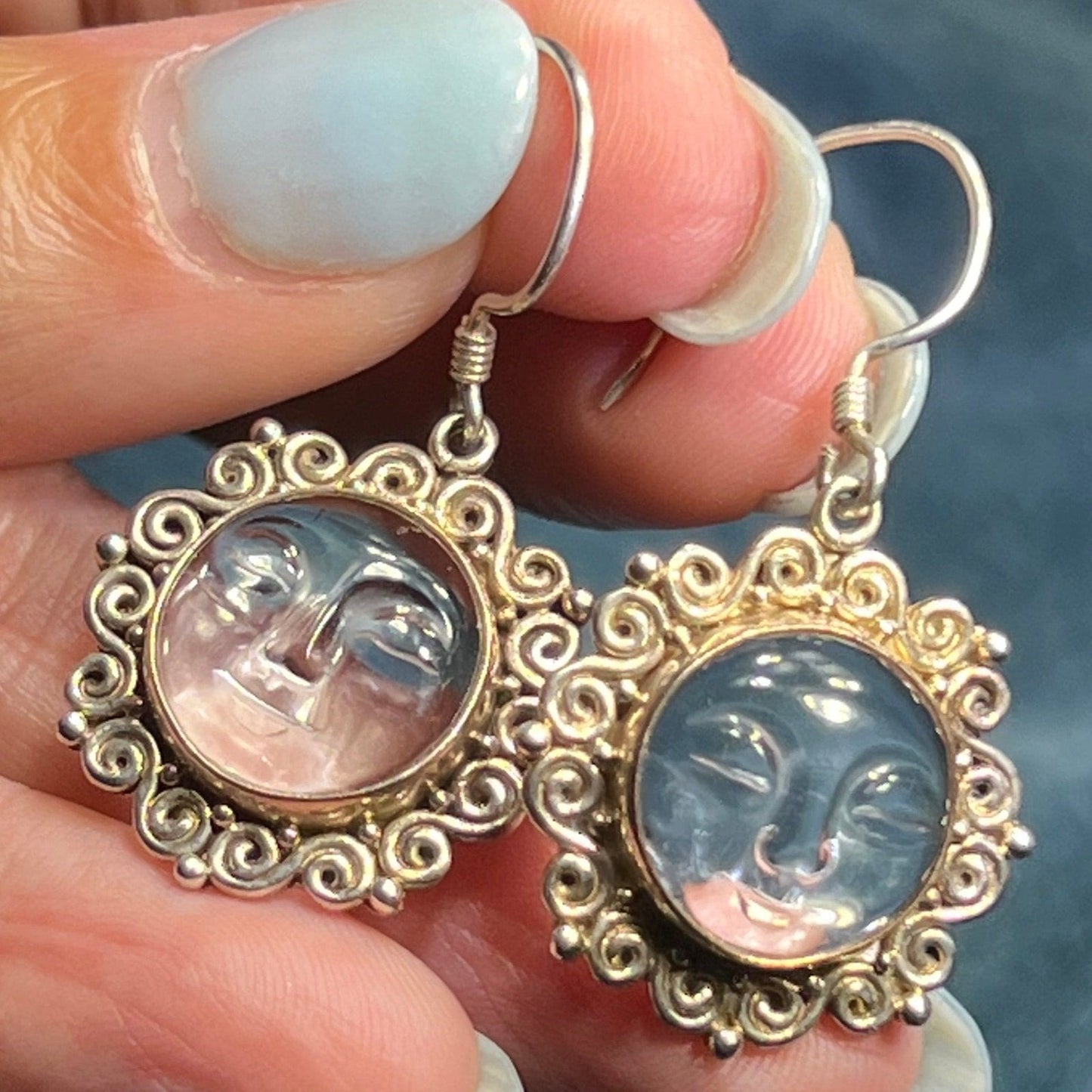 Man in the Moon Carved Face Dangly Sun Goddess Earrings 925