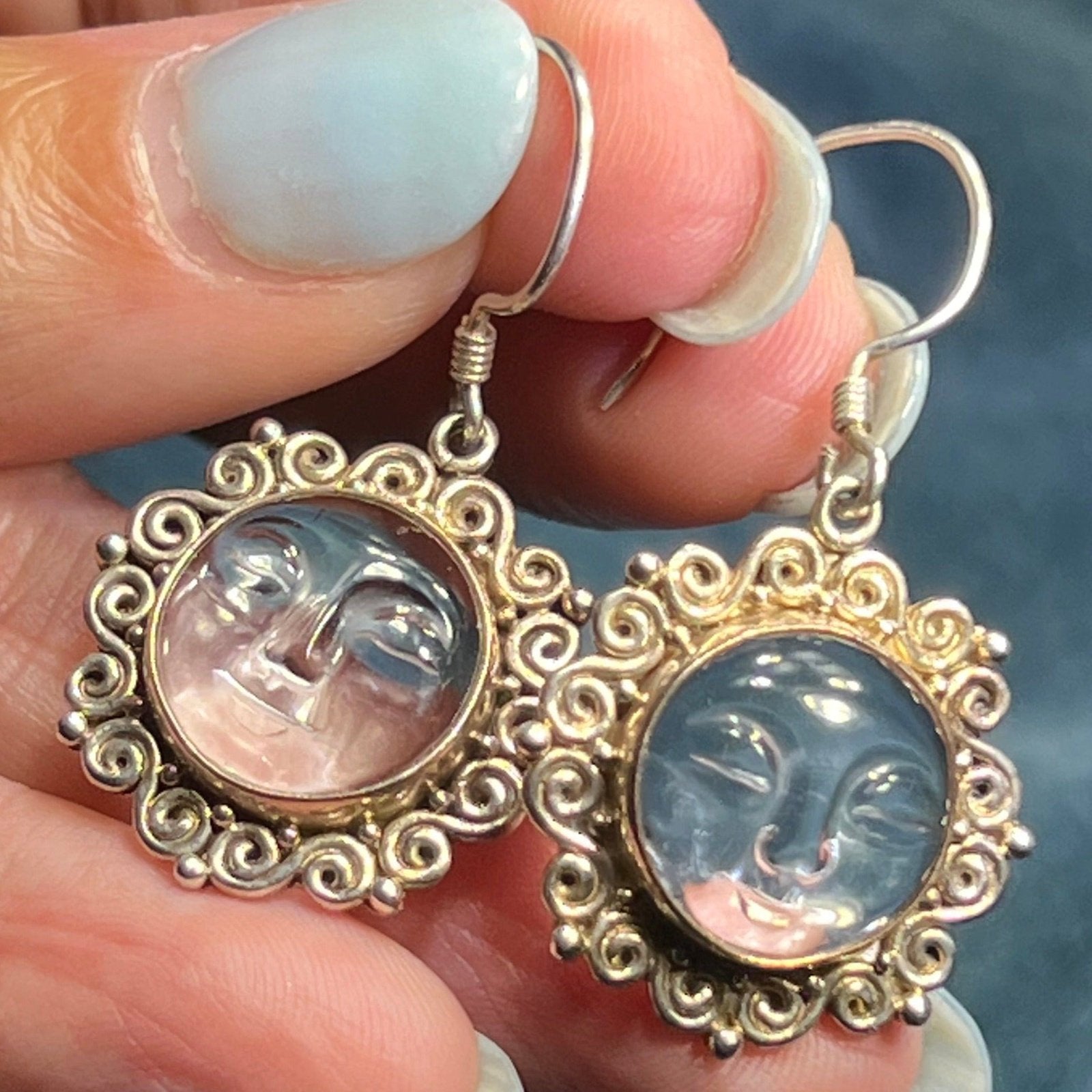 Man in the Moon Carved Face Dangly Sun Goddess Earrings 925