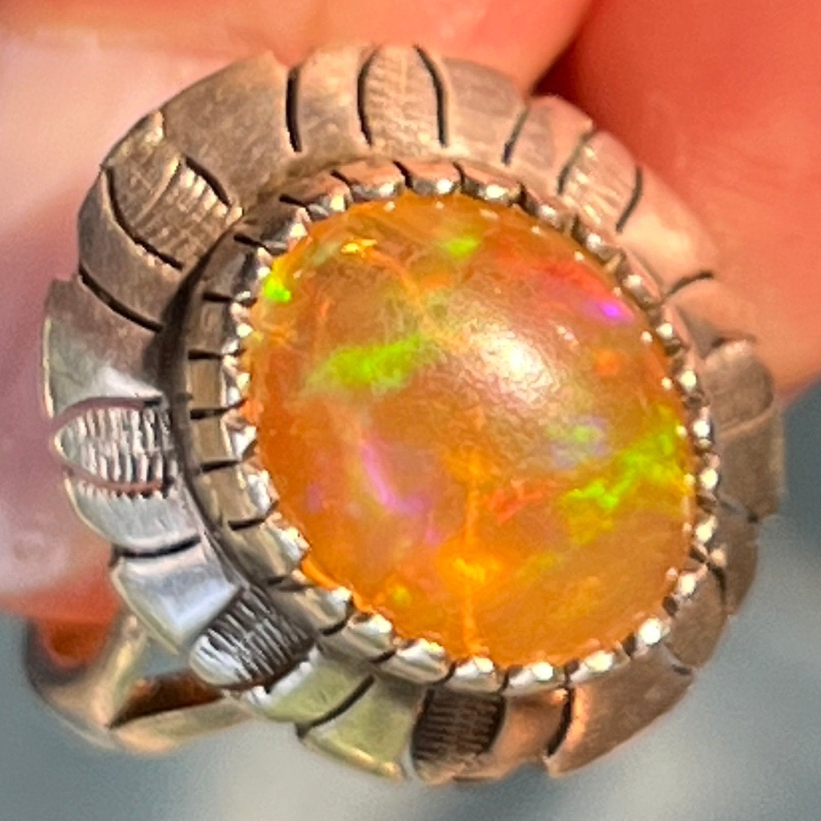 Mexican Fire Jelly Opal Squash Blossom 925 Ring. Old Pawn **VIDEO**