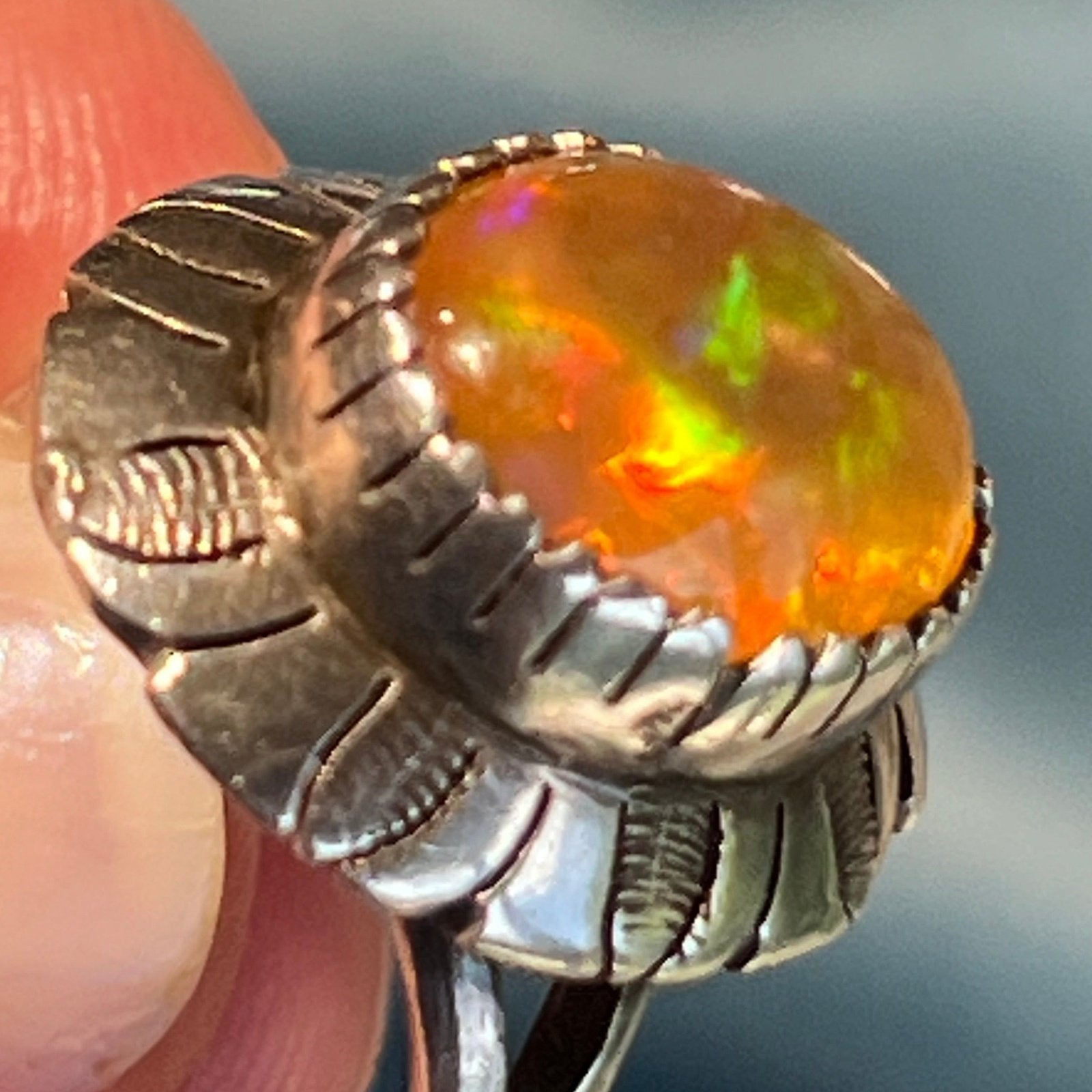 Mexican Fire Jelly Opal Squash Blossom 925 Ring. Old Pawn **VIDEO**