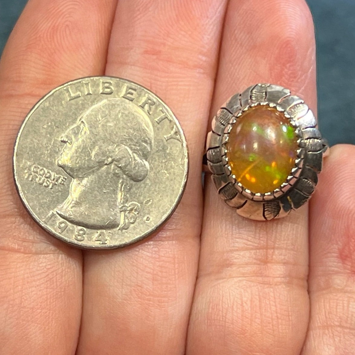 Mexican Fire Jelly Opal Squash Blossom 925 Ring. Old Pawn **VIDEO**